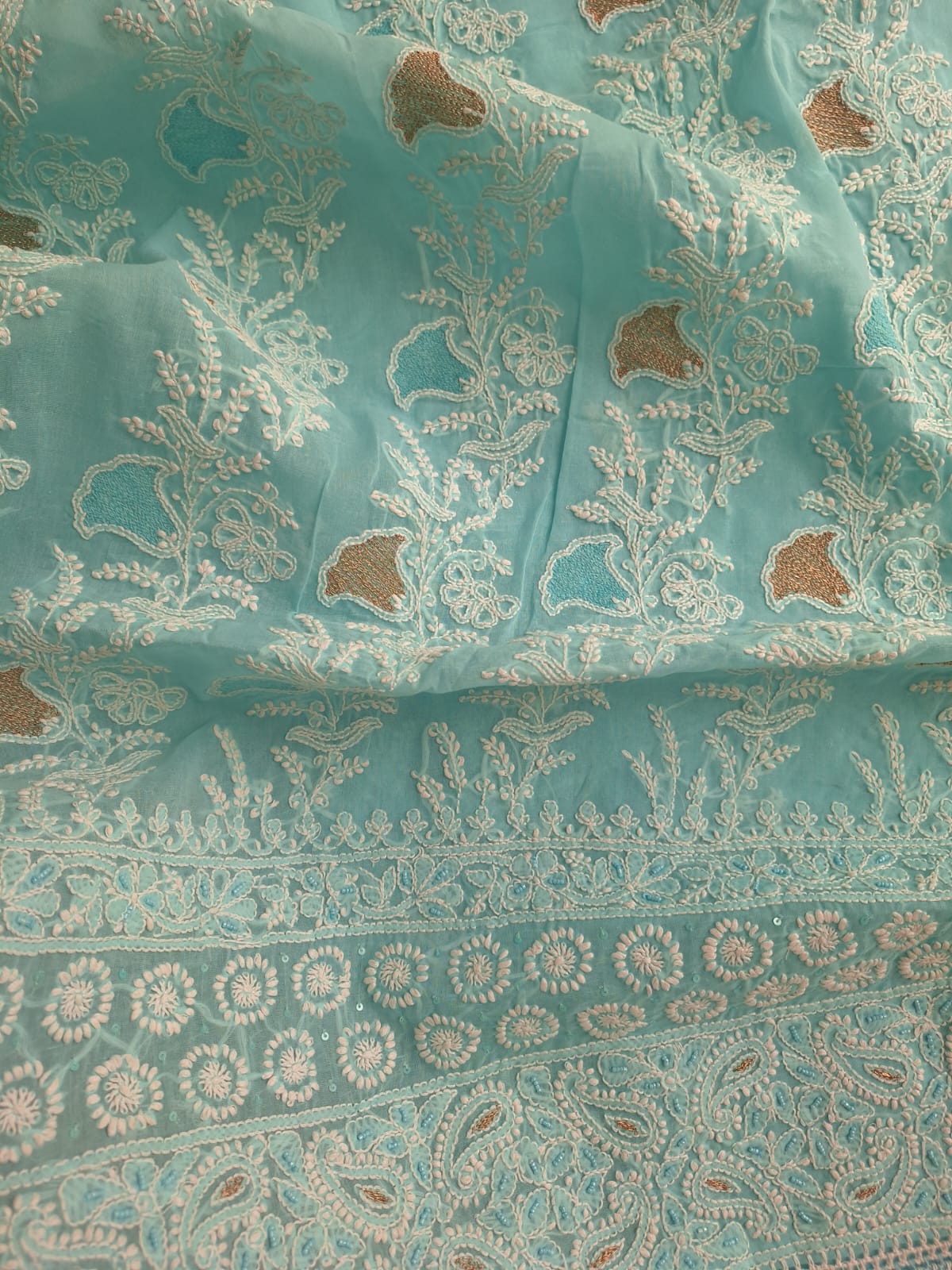 Sky Blue Cotton Full set with chikan and Aari work