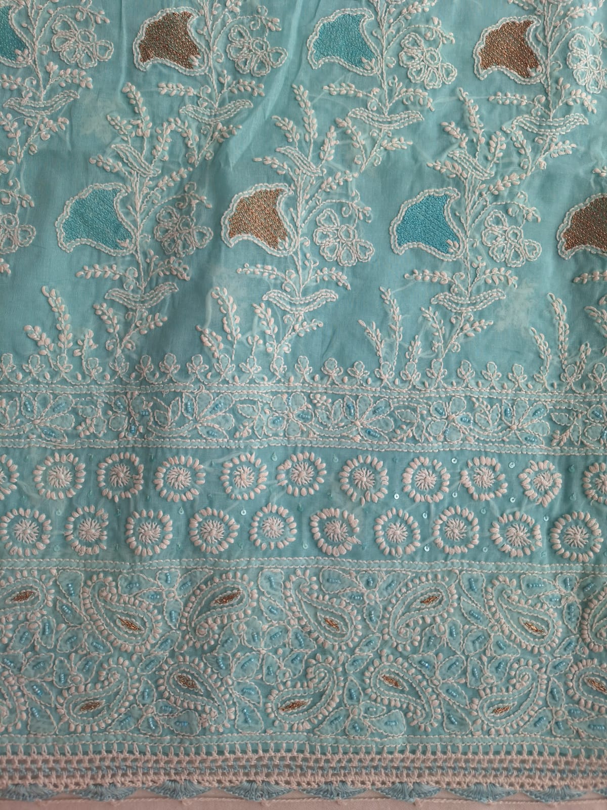 Sky Blue Cotton Full set with chikan and Aari work