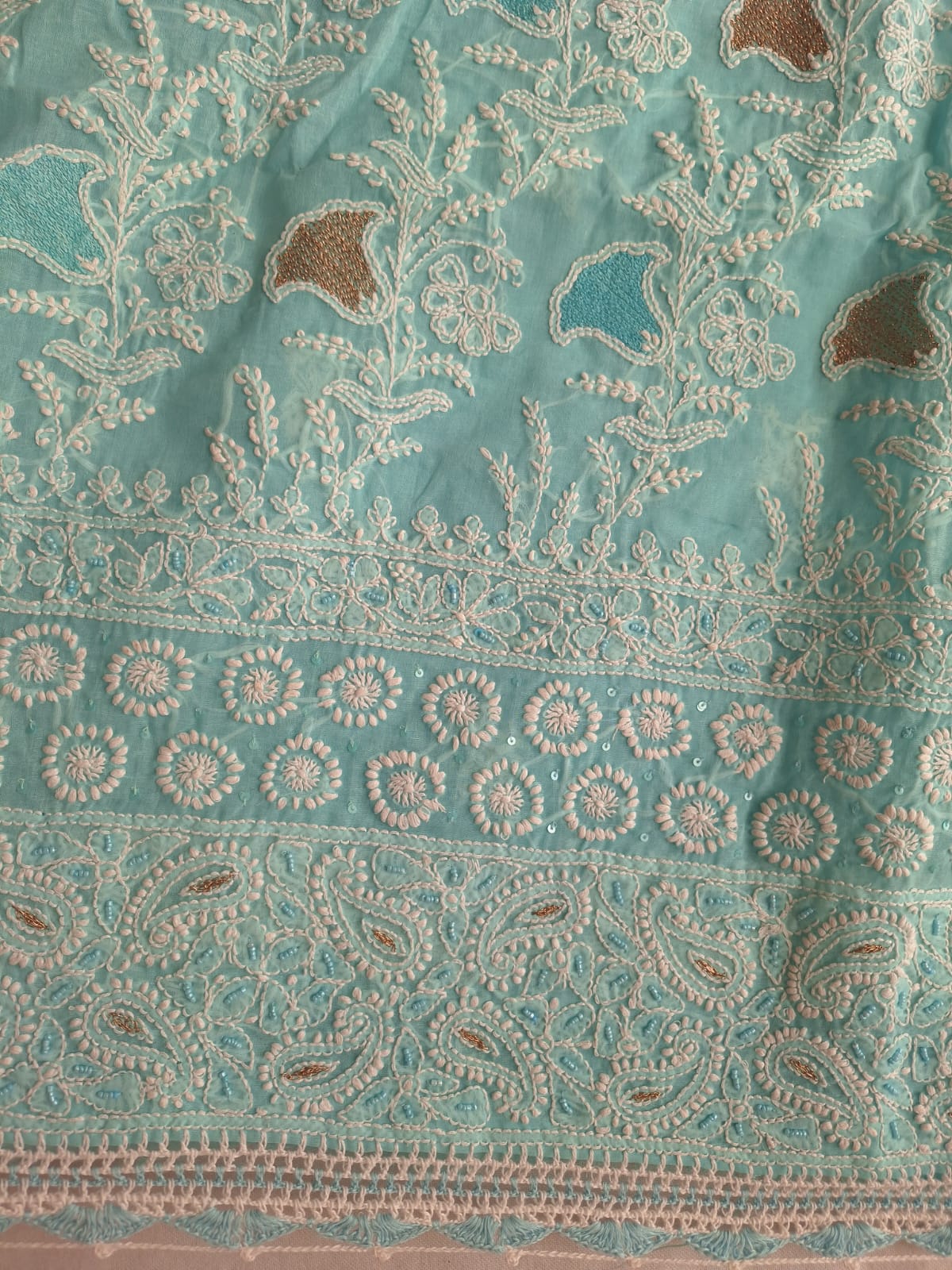 Sky Blue Cotton Full set with chikan and Aari work