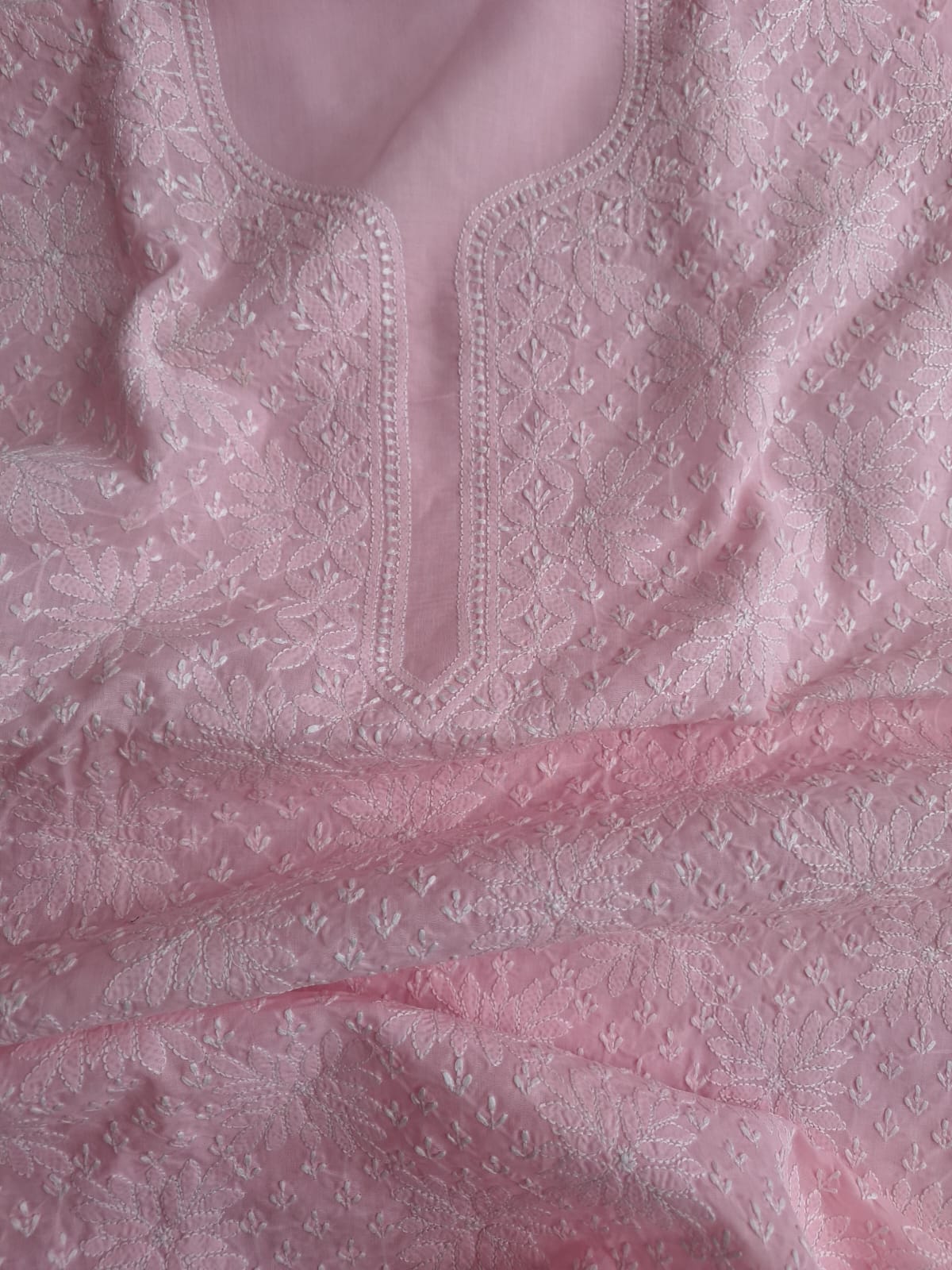 Pink Cotton Hand Embroidered Kurta Fabric