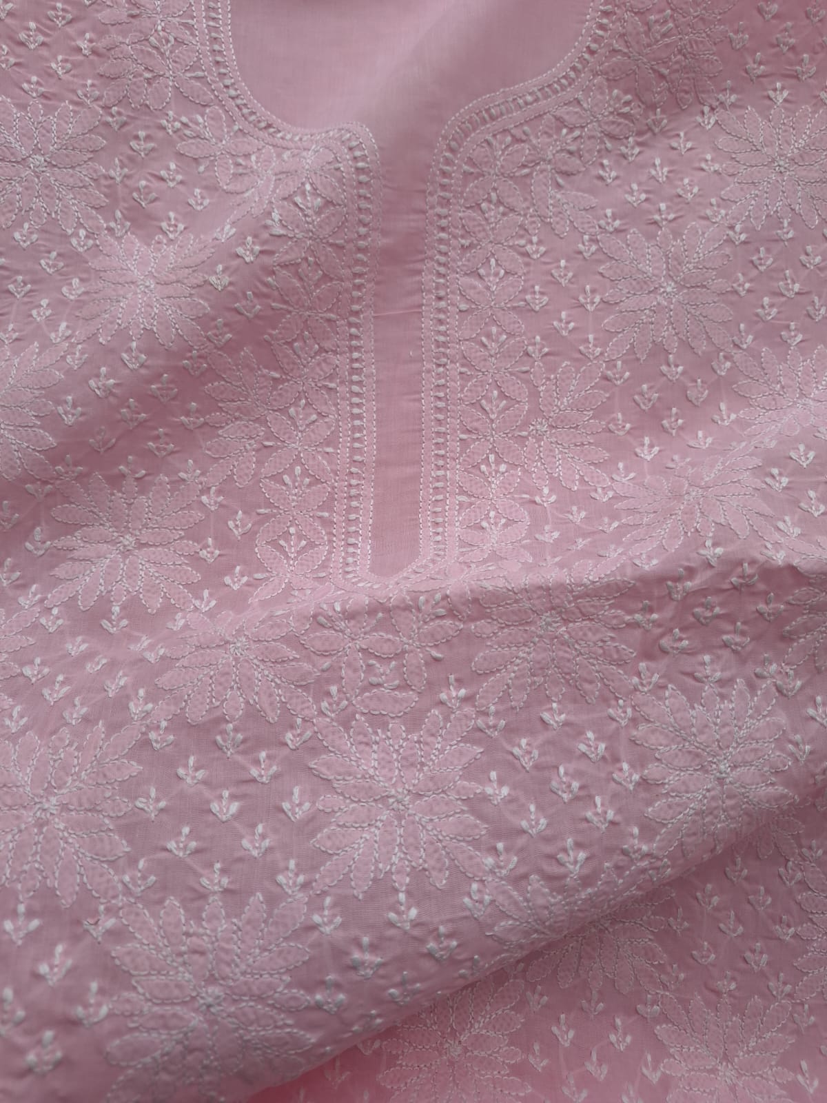 Pink Cotton Hand Embroidered Kurta Fabric