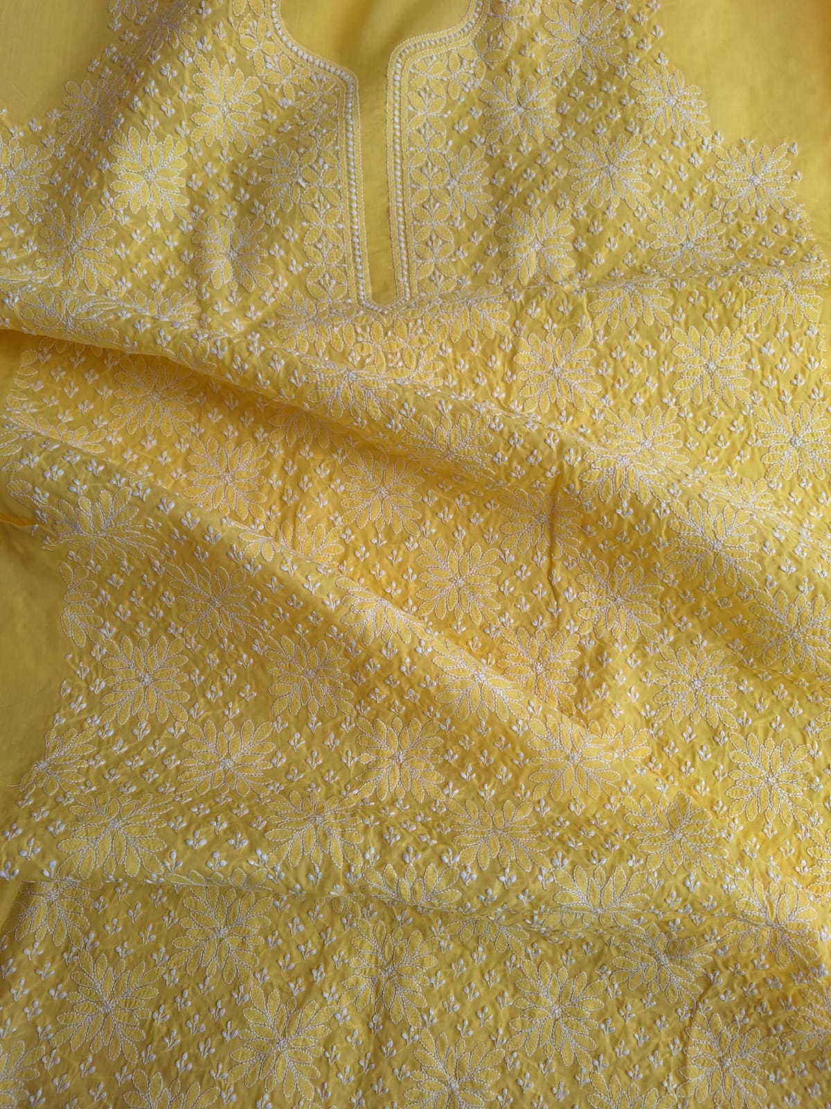 Yellow Cotton hand embroidered Kurta fabric