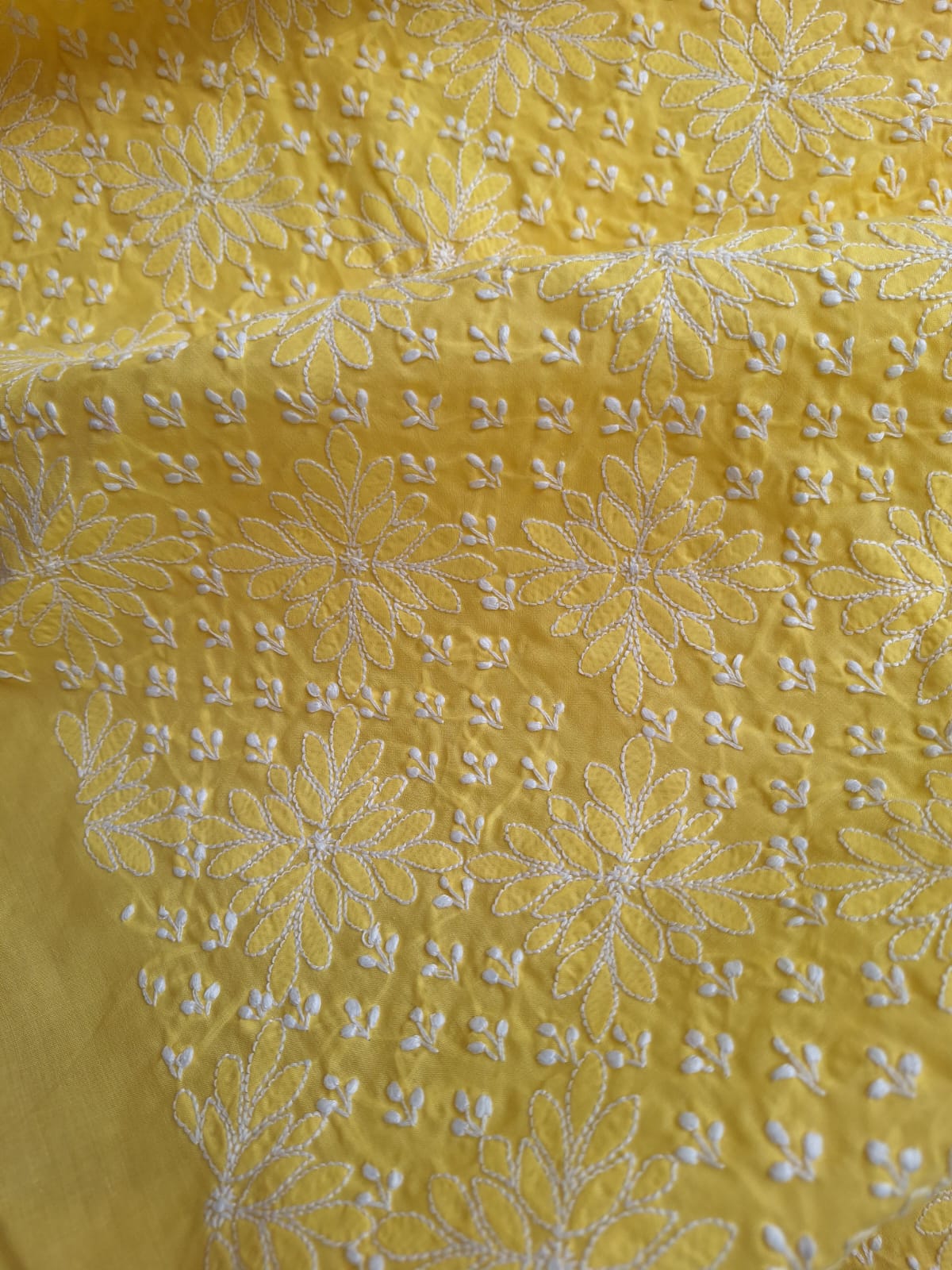 Yellow Cotton hand embroidered Kurta fabric