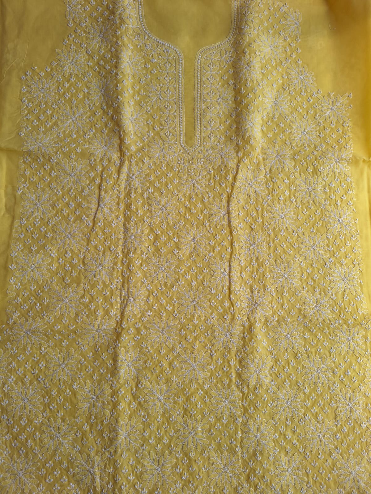 Yellow Cotton hand embroidered Kurta fabric