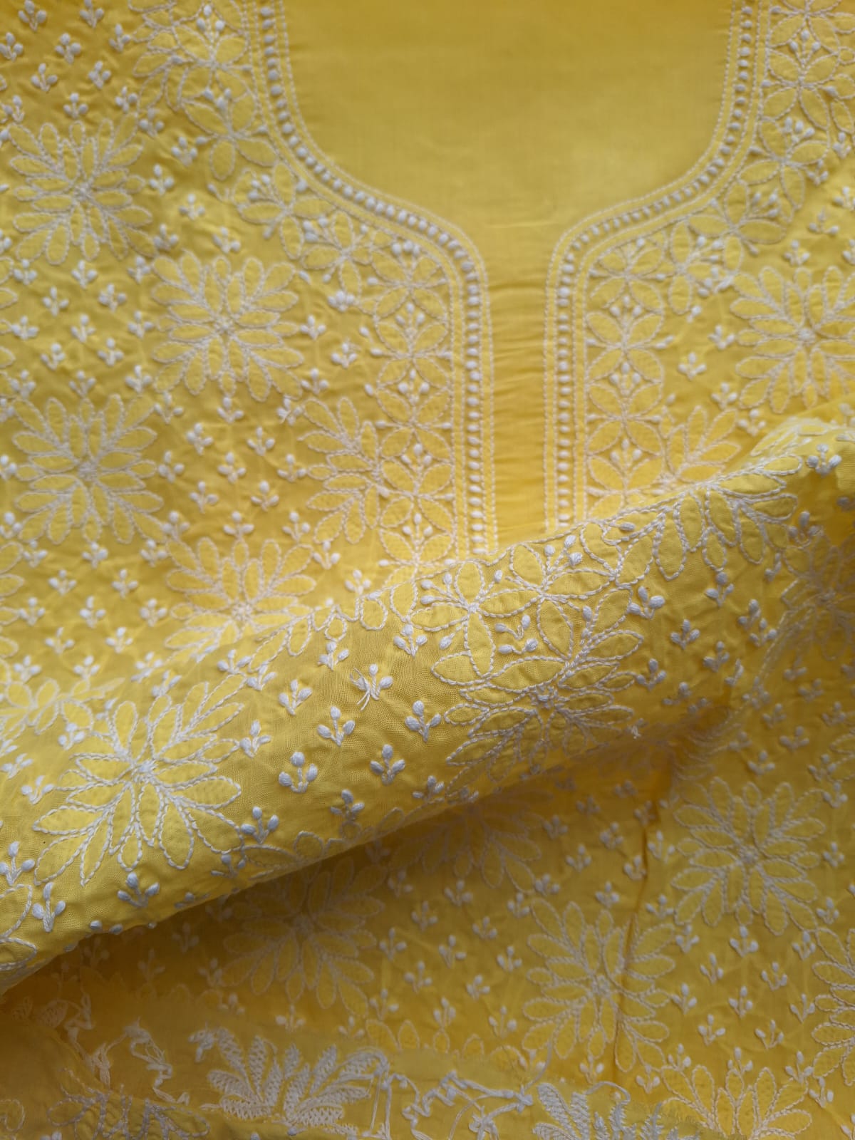 Yellow Cotton hand embroidered Kurta fabric