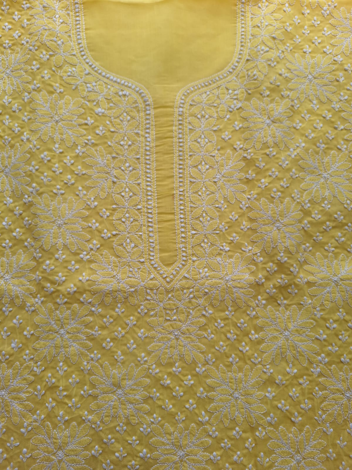Yellow Cotton hand embroidered Kurta fabric
