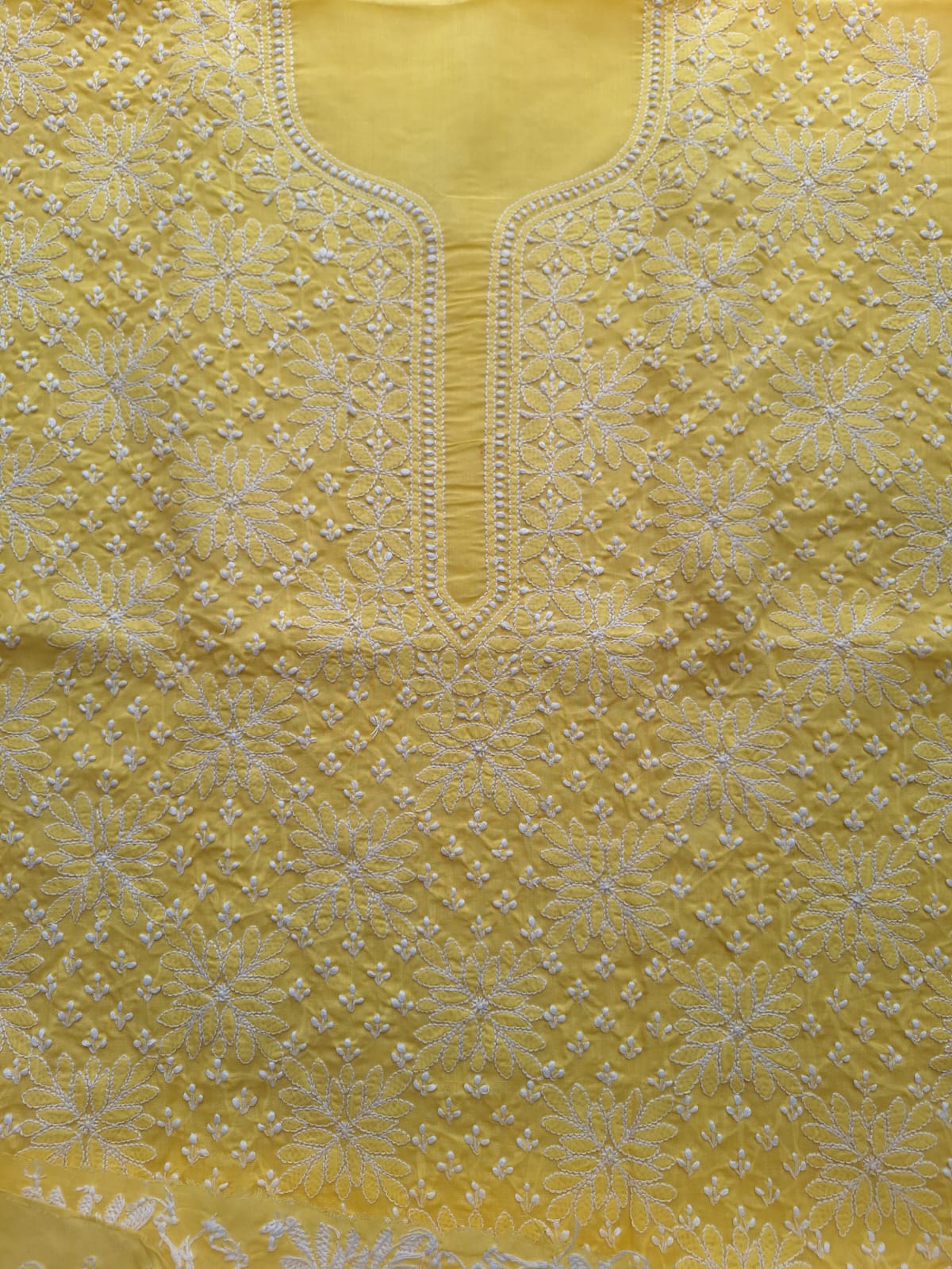 Yellow Cotton hand embroidered Kurta fabric