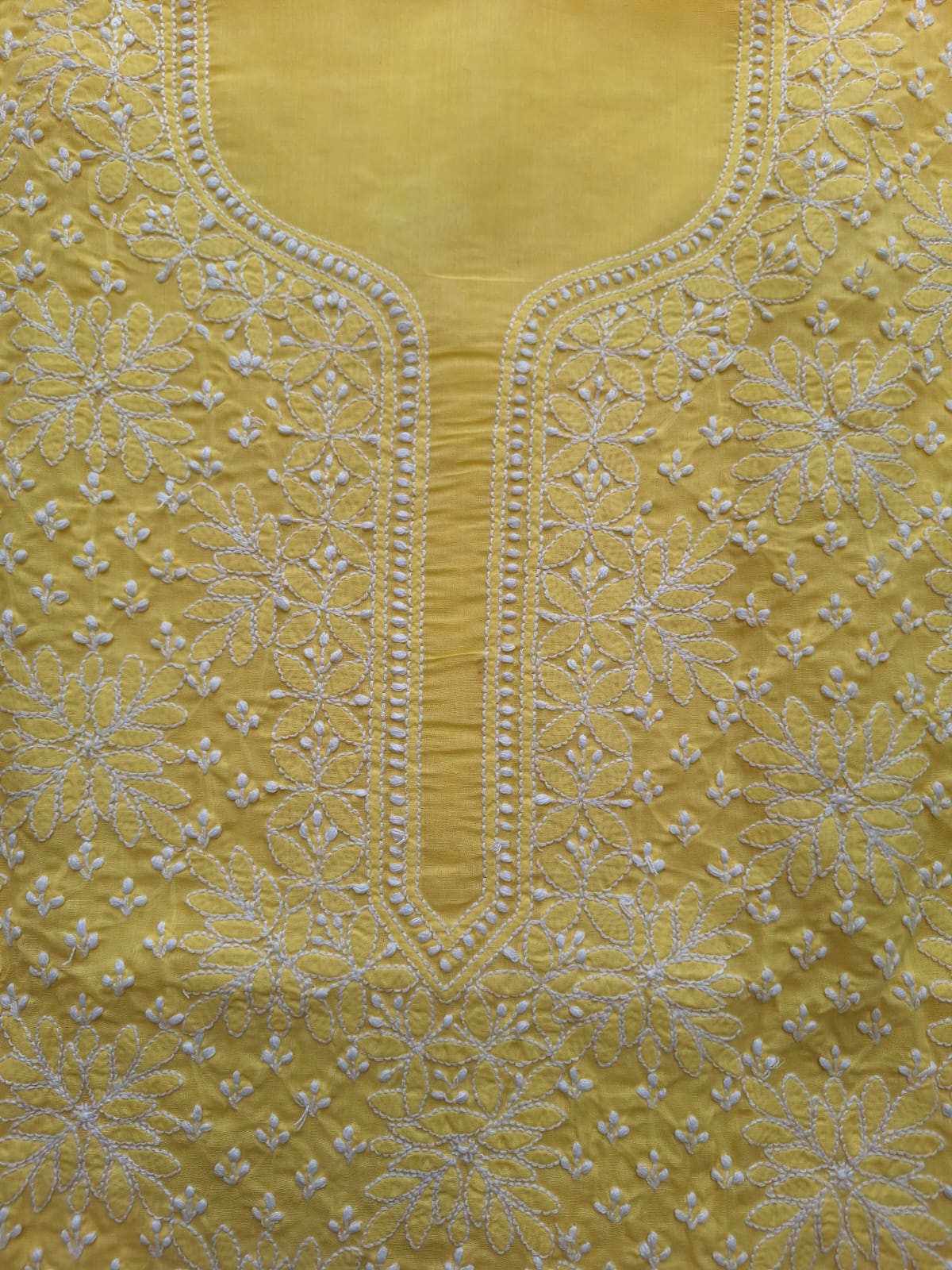 Yellow Cotton hand embroidered Kurta fabric