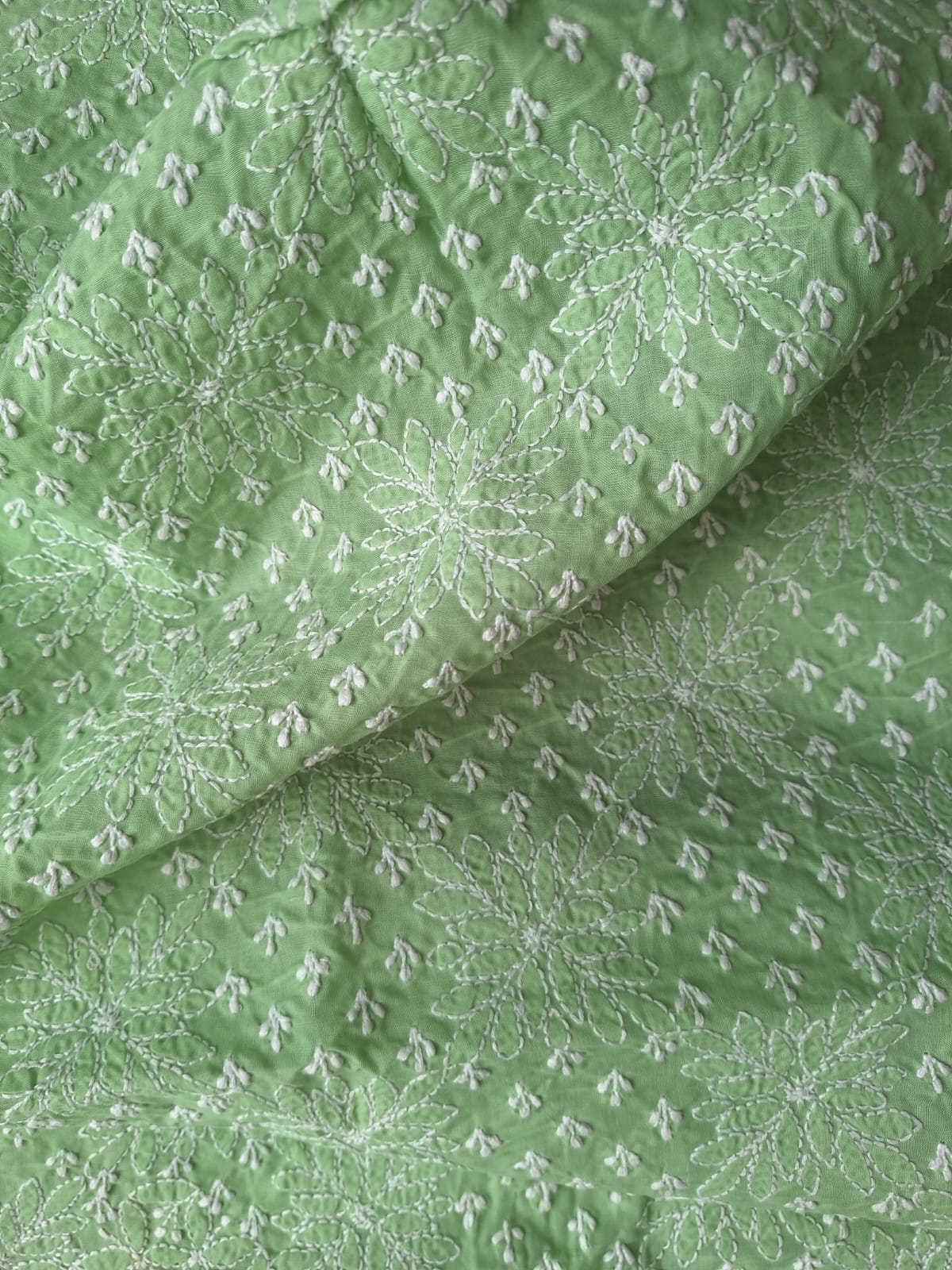 Green Cotton Hand Embroidered Kurta Fabric