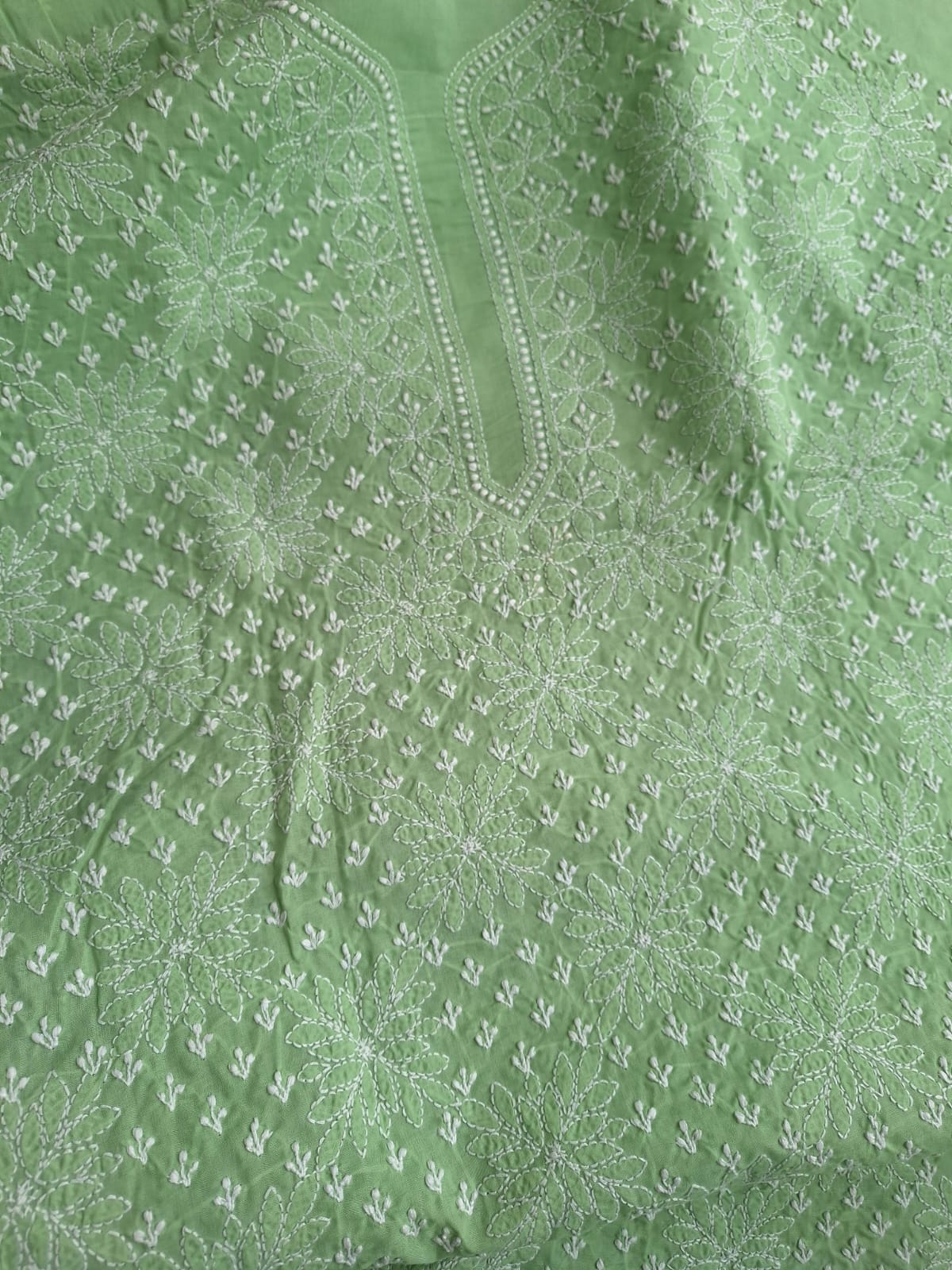 Green Cotton Hand Embroidered Kurta Fabric