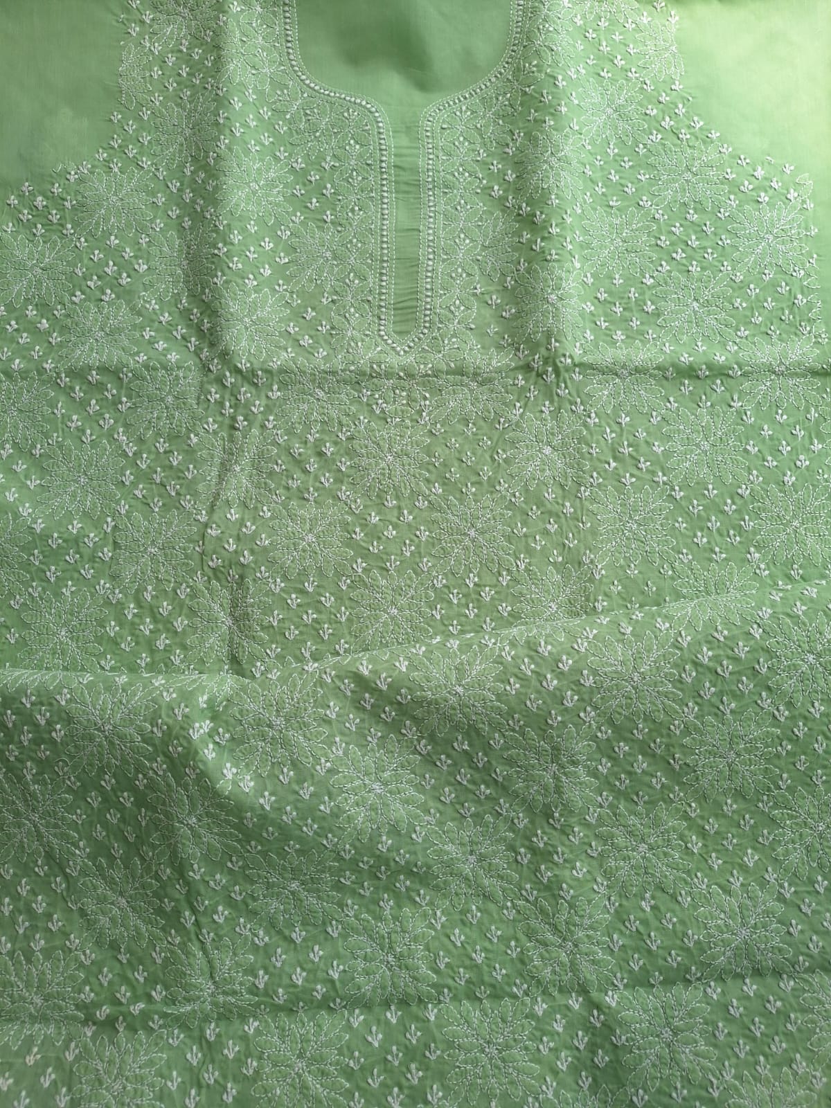 Green Cotton Hand Embroidered Kurta Fabric