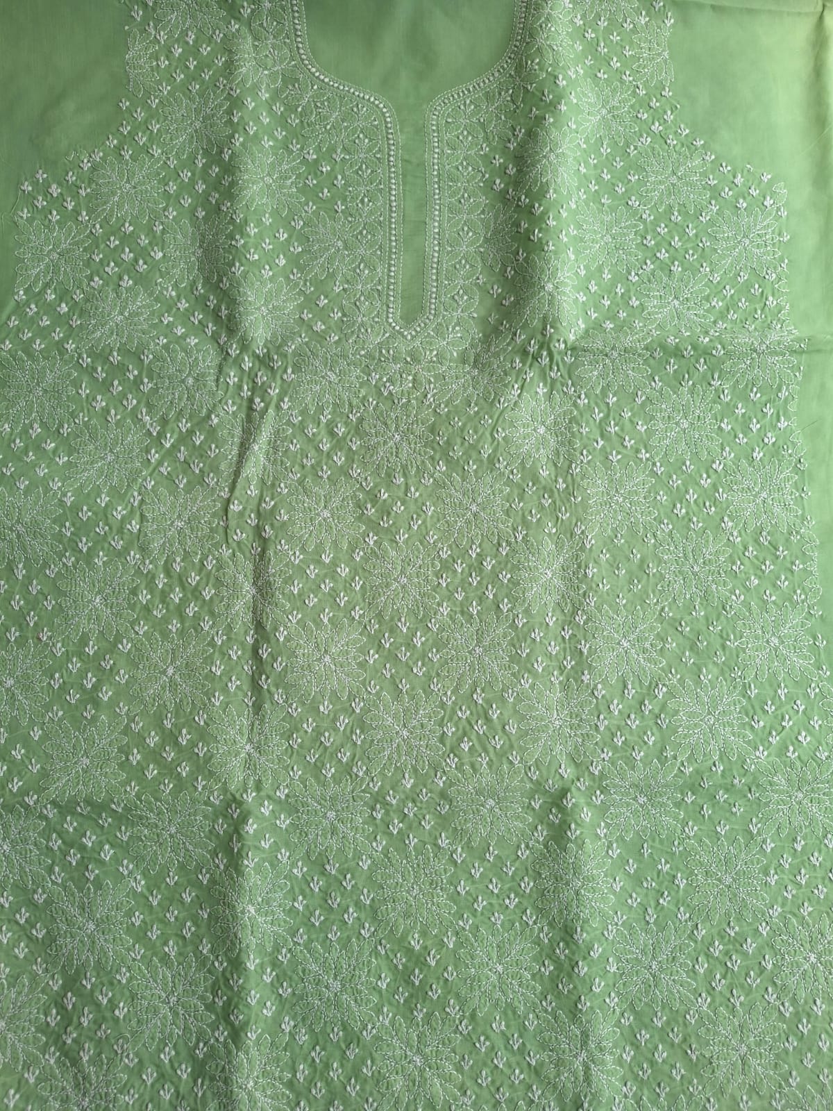 Green Cotton Hand Embroidered Kurta Fabric