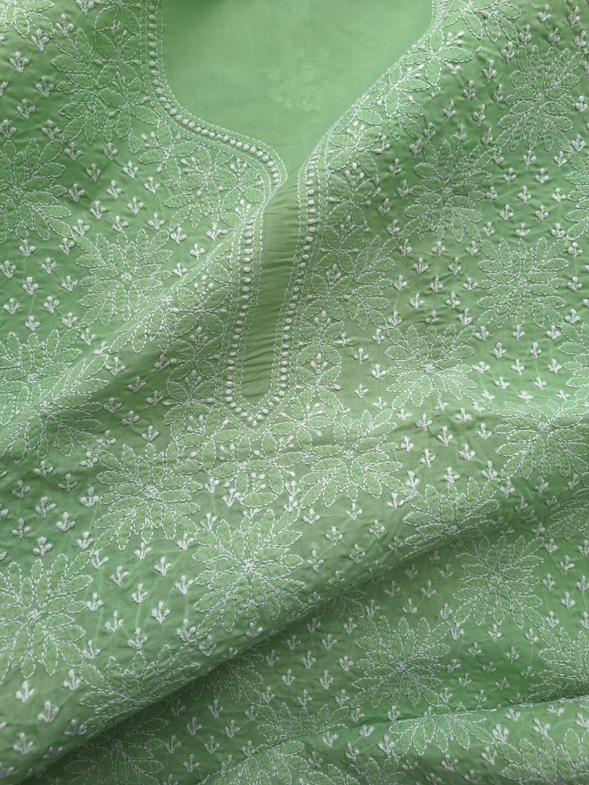 Green Cotton Hand Embroidered Kurta Fabric