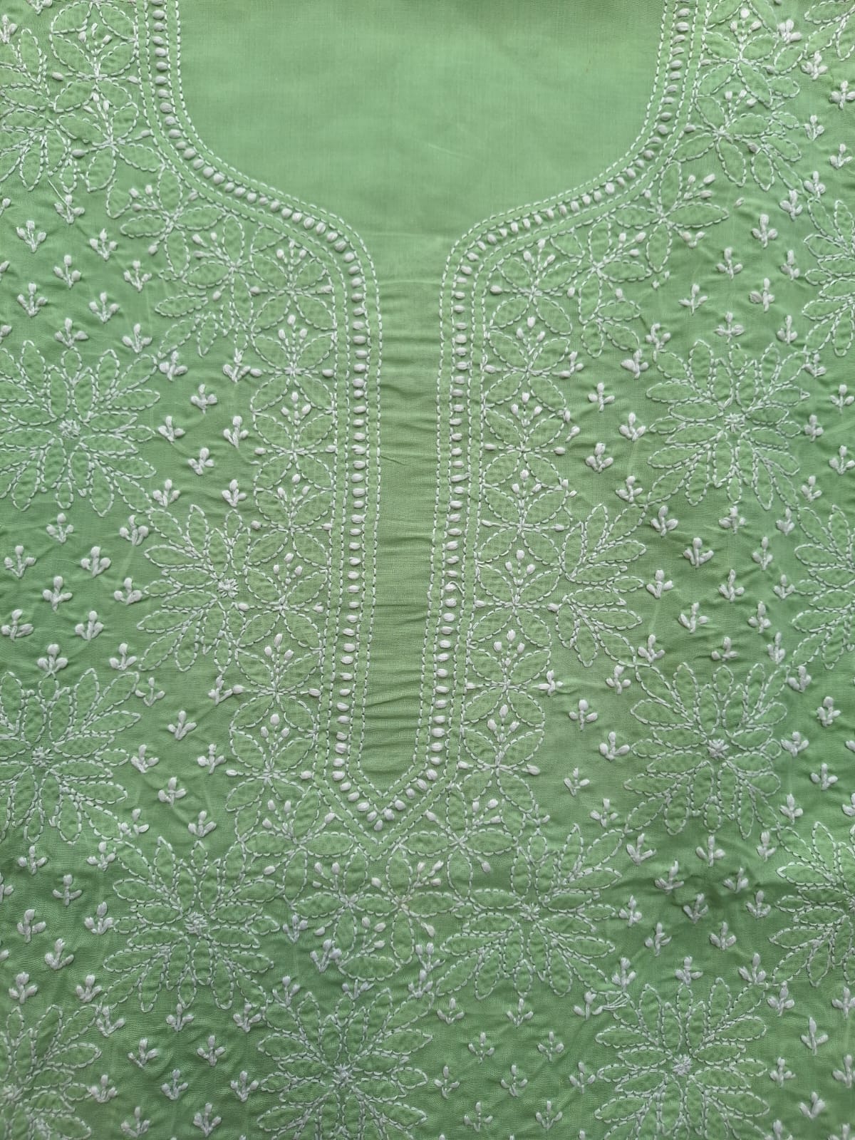 Green Cotton Hand Embroidered Kurta Fabric