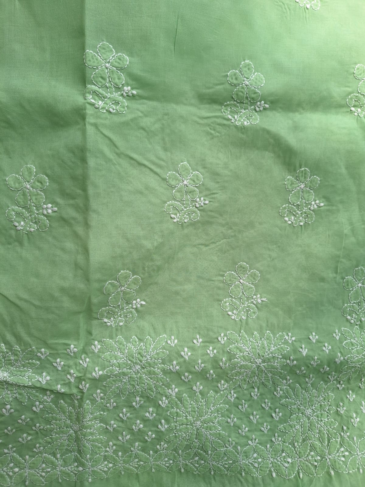 Green Cotton Hand Embroidered Kurta Fabric