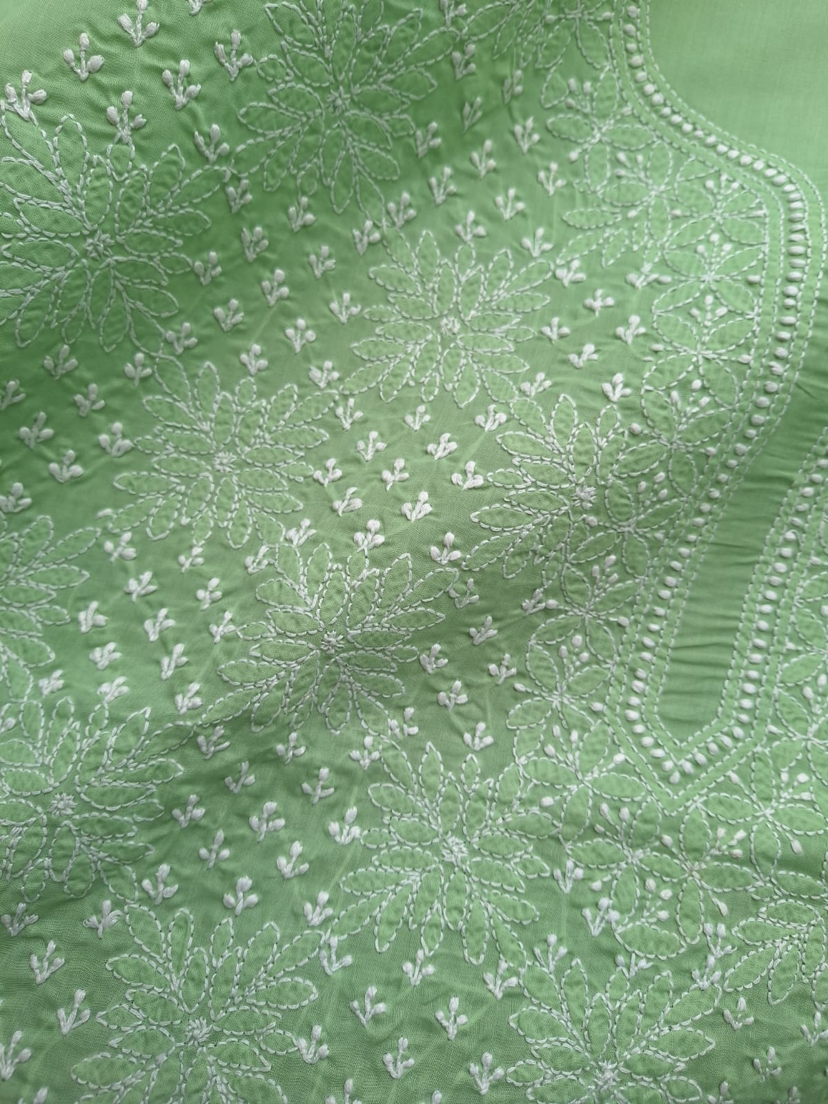 Green Cotton Hand Embroidered Kurta Fabric