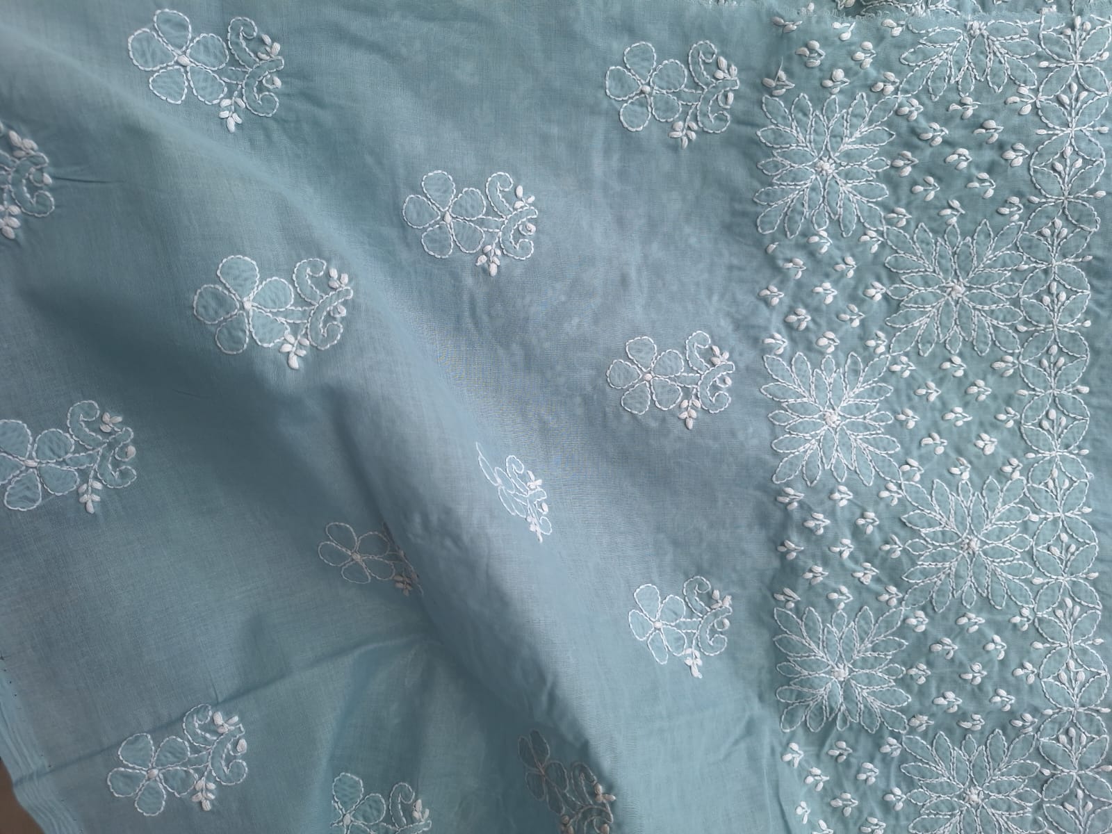 Grey Cotton Hand Embroidered Kurta Fabric