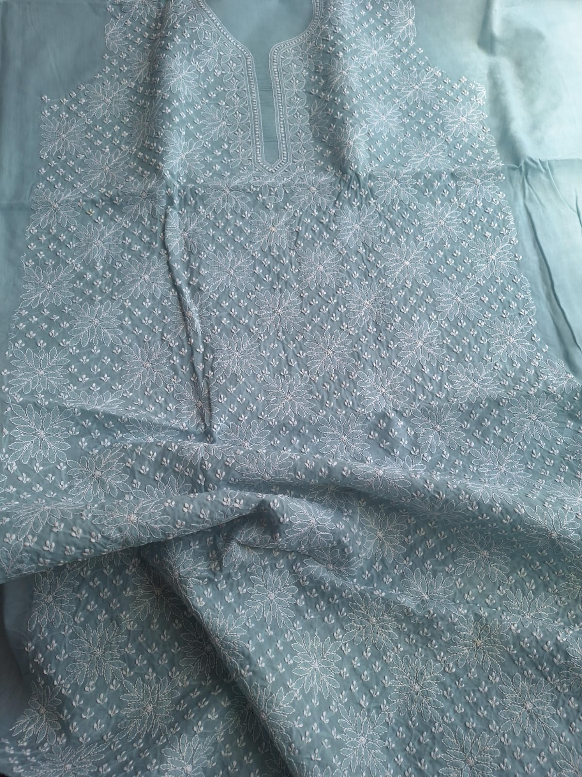 Grey Cotton Hand Embroidered Kurta Fabric