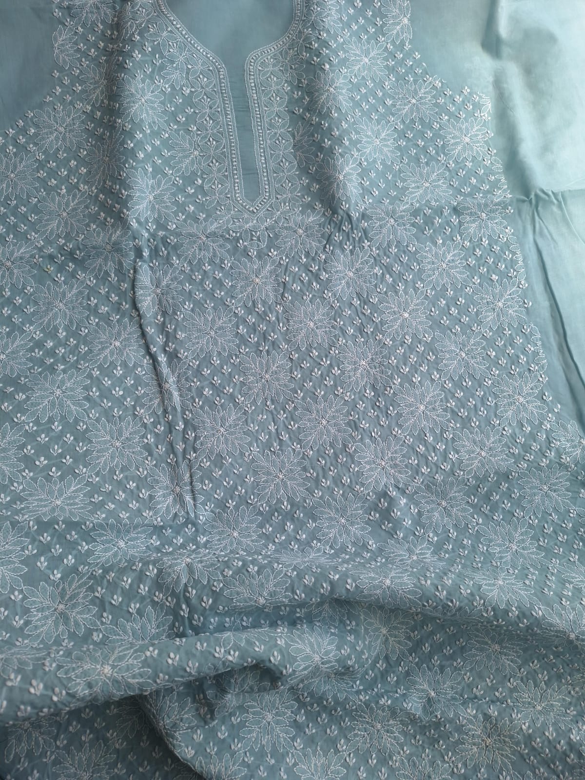 Grey Cotton Hand Embroidered Kurta Fabric