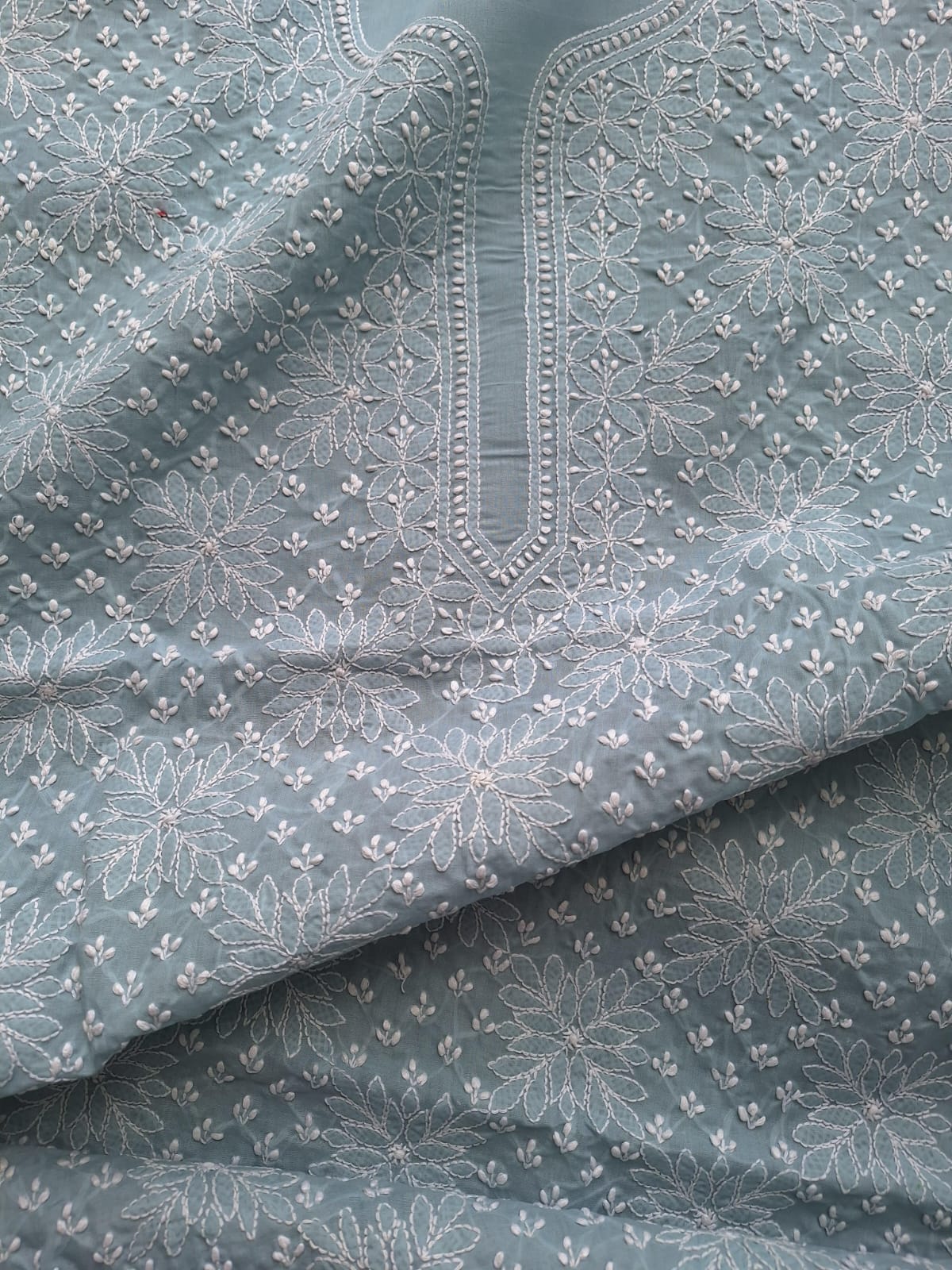 Grey Cotton Hand Embroidered Kurta Fabric