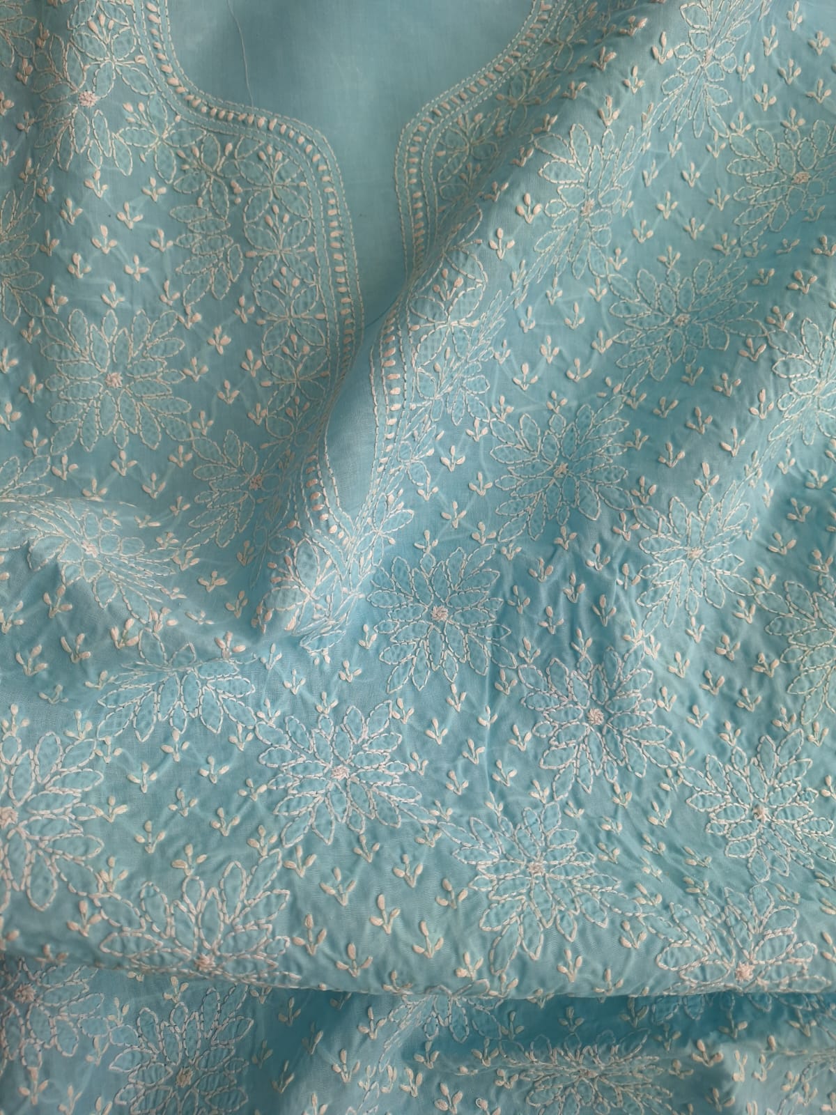 Sky Blue Cotton Hand embroidered Kurta Fabric