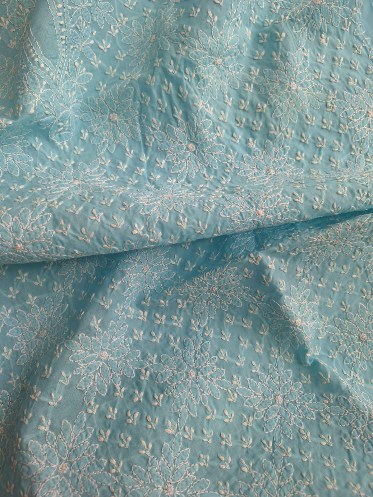 Sky Blue Cotton Hand embroidered Kurta Fabric