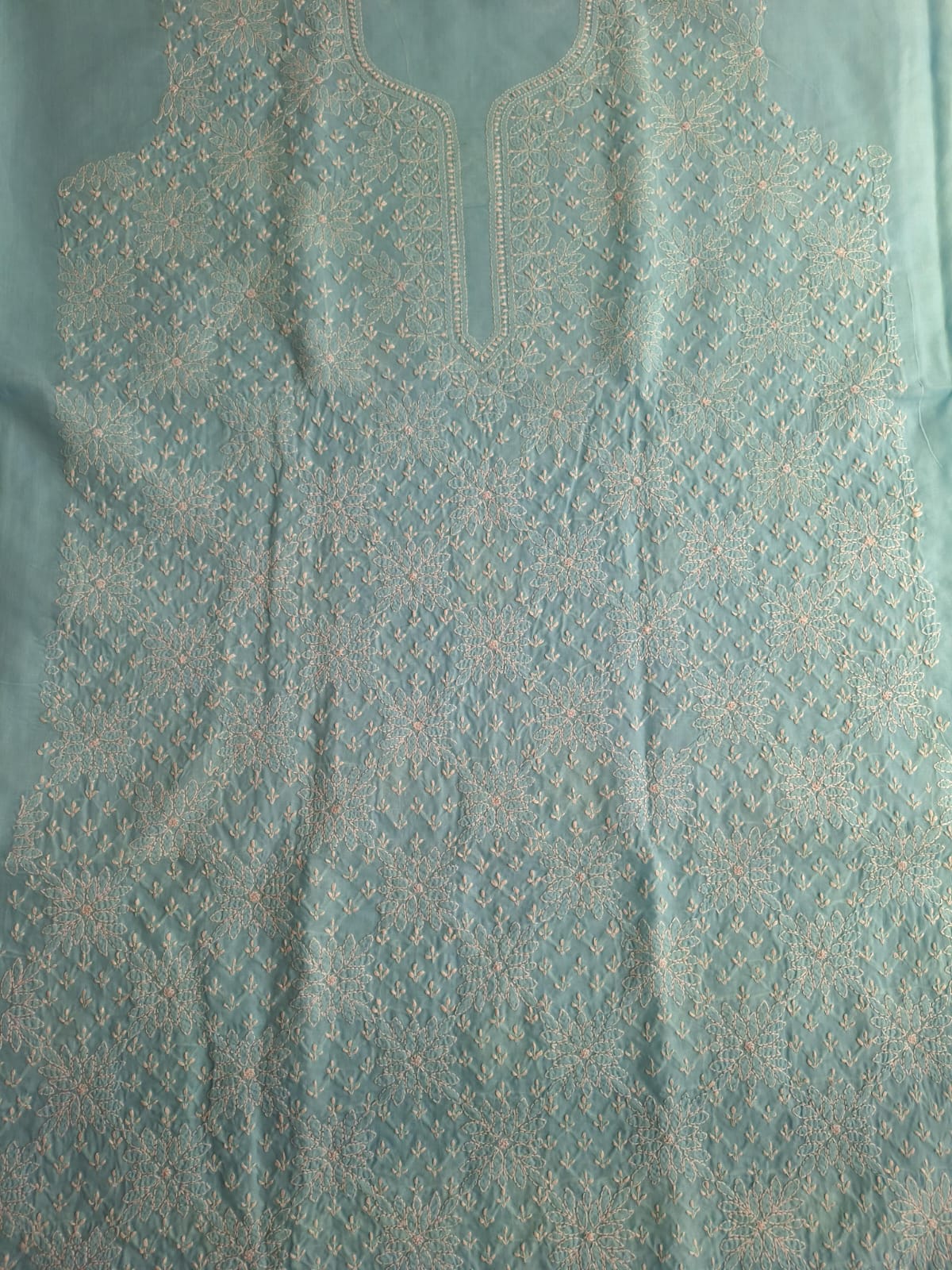 Sky Blue Cotton Hand embroidered Kurta Fabric