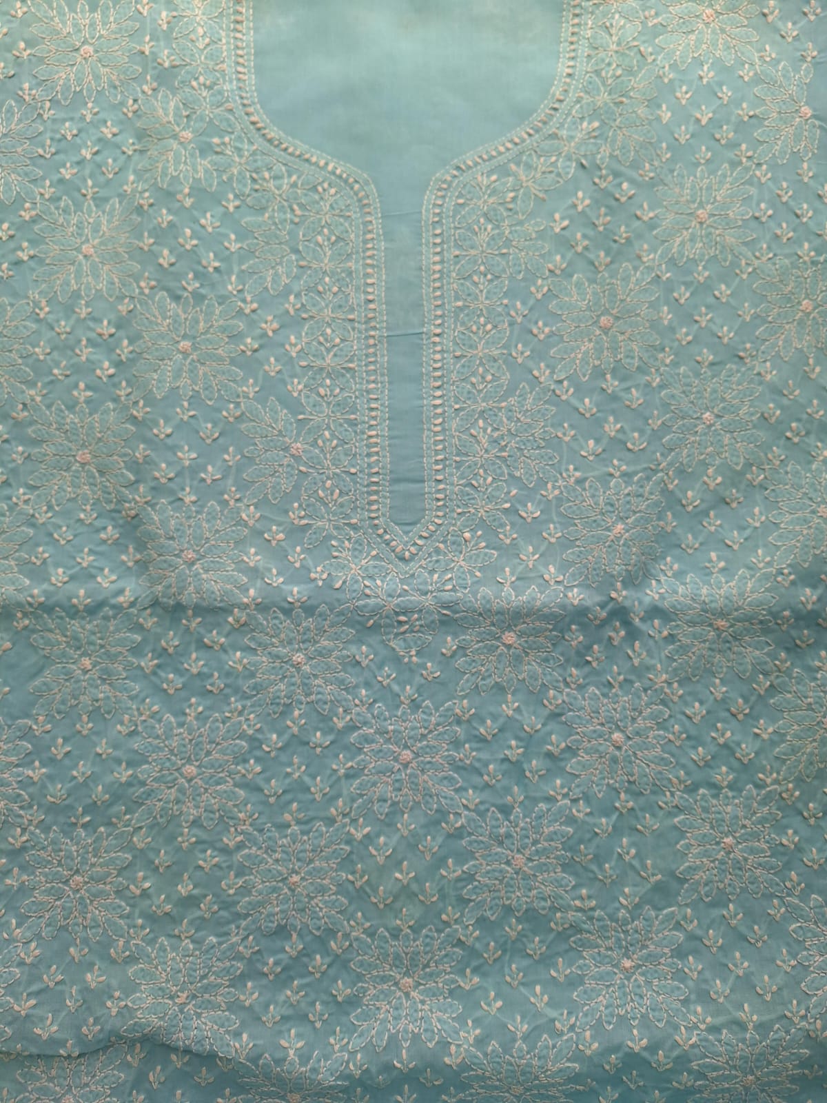 Sky Blue Cotton Hand embroidered Kurta Fabric