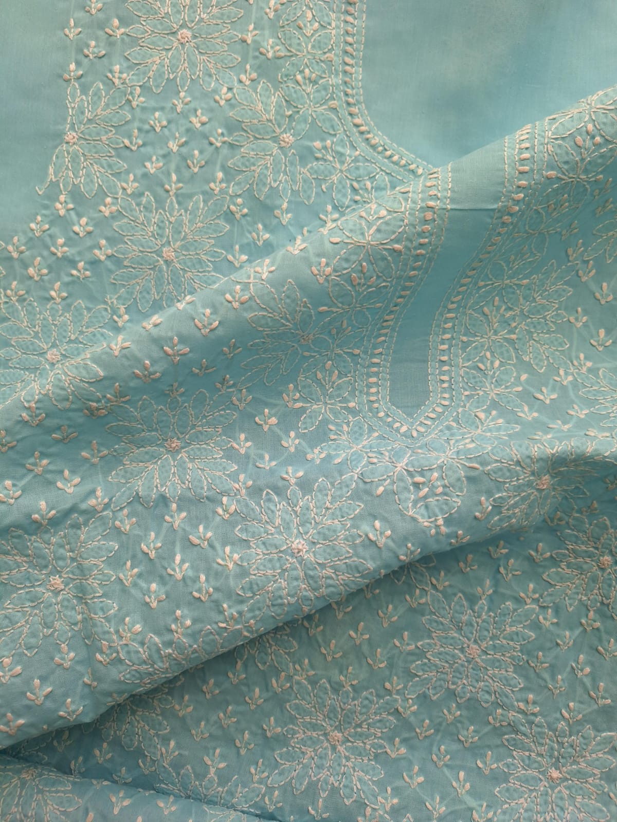 Sky Blue Cotton Hand embroidered Kurta Fabric