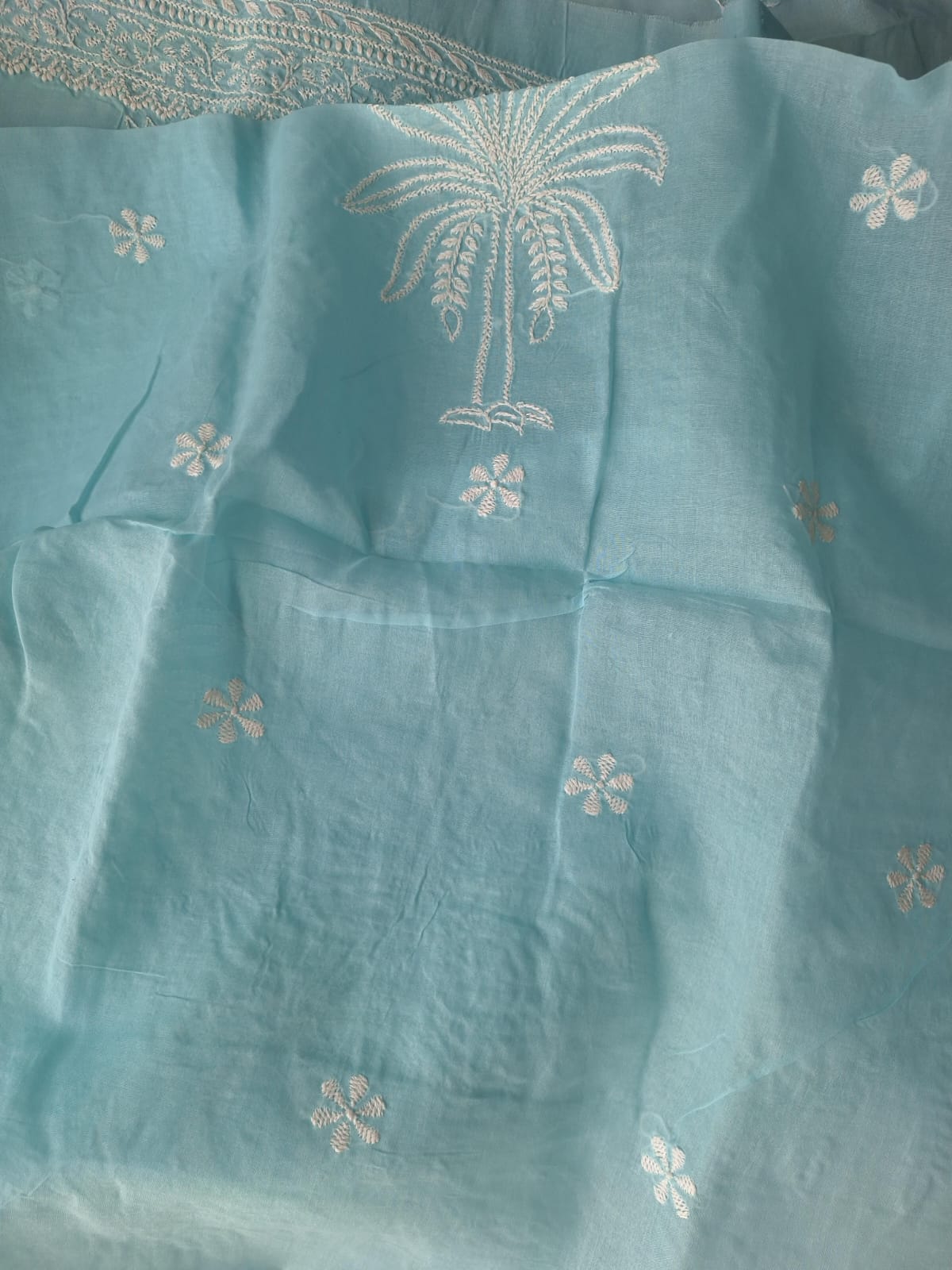 Sky Blue Tree motif kurta Fabric
