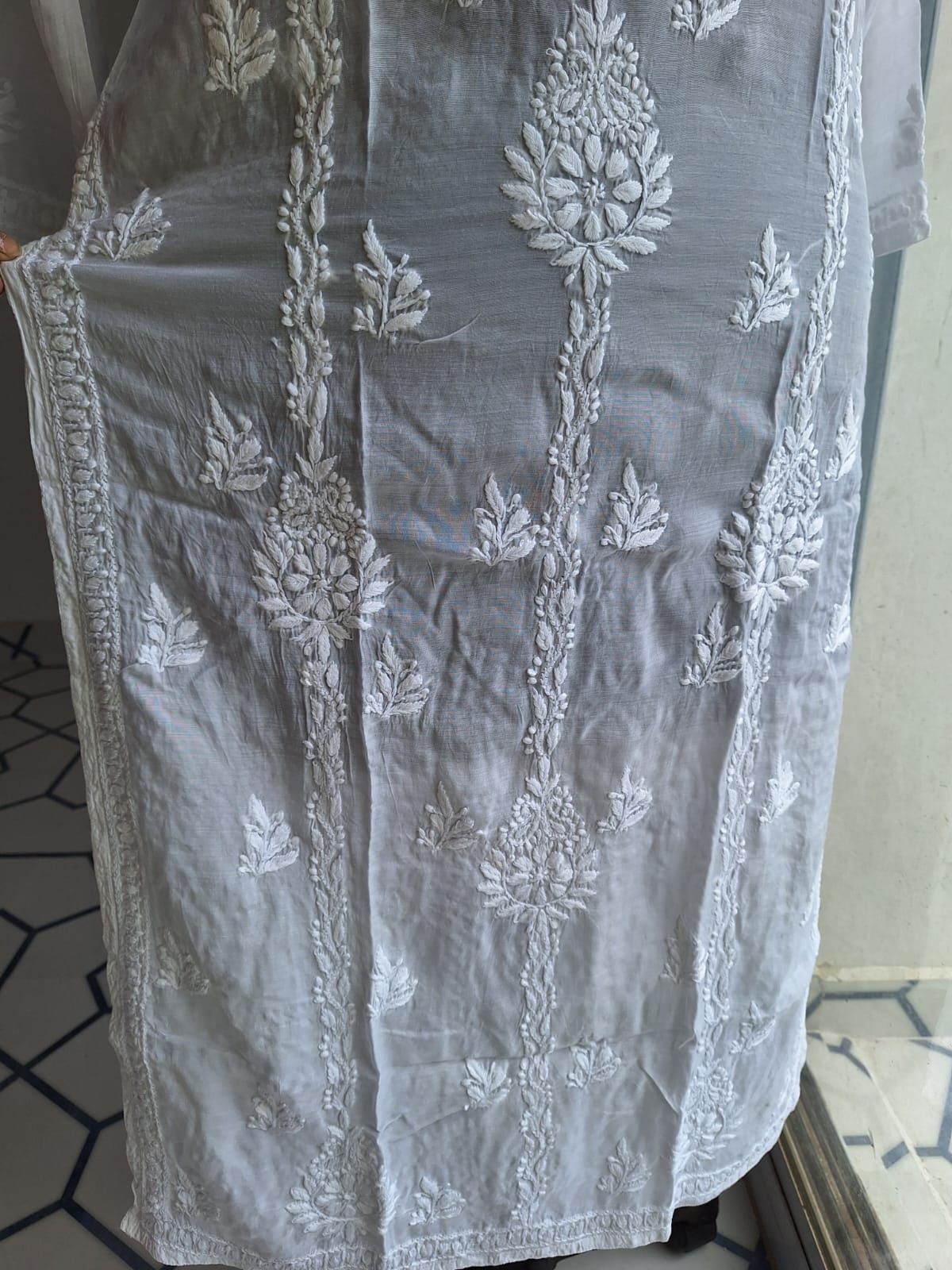 White Muslin Kurti with Beautiful Ghas Patti work