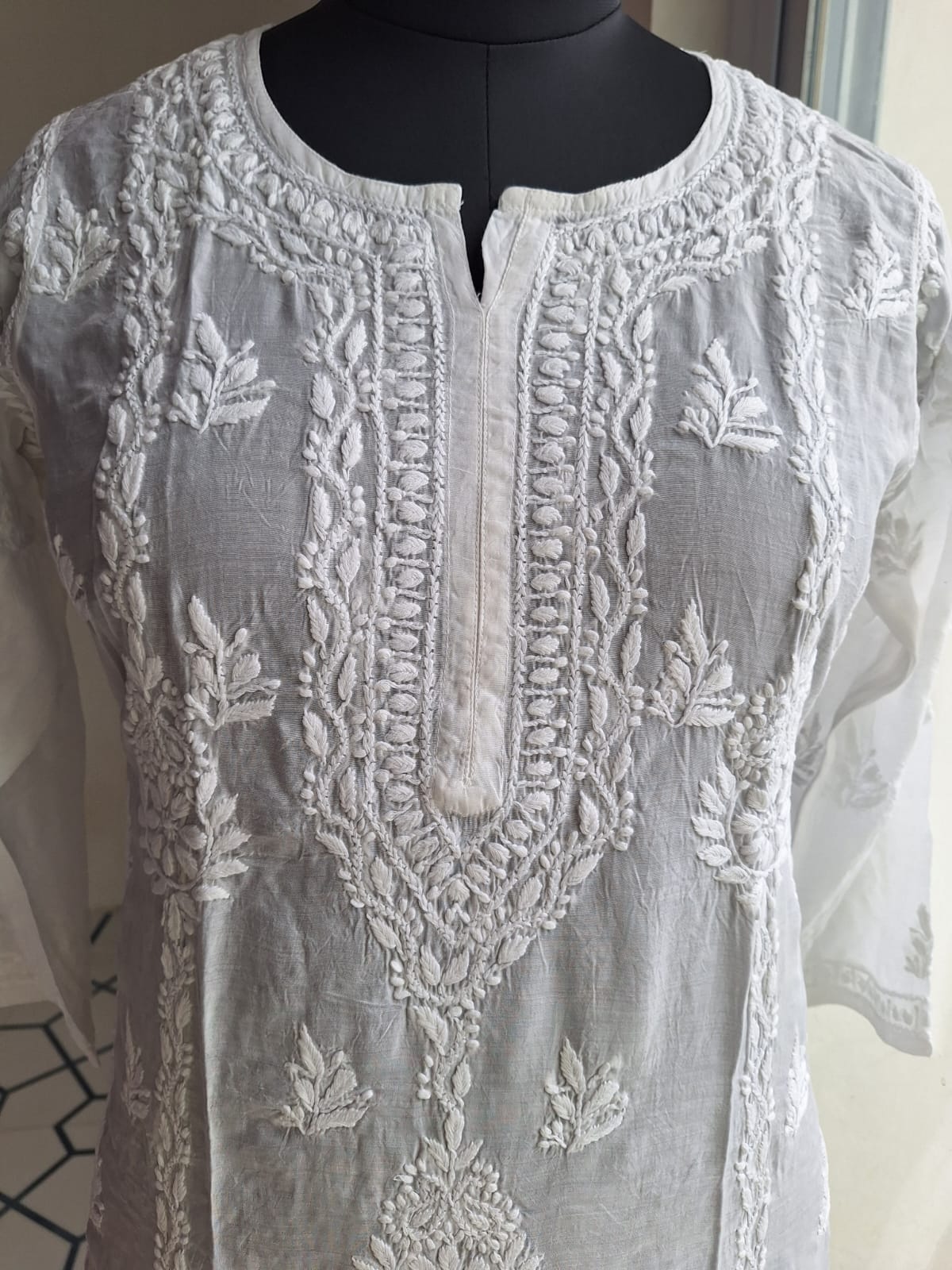 White Muslin Kurti with Beautiful Ghas Patti work