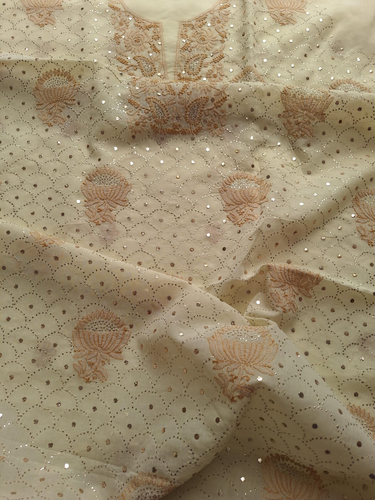 Beige Cotton Kurta with Mukaish And chikan