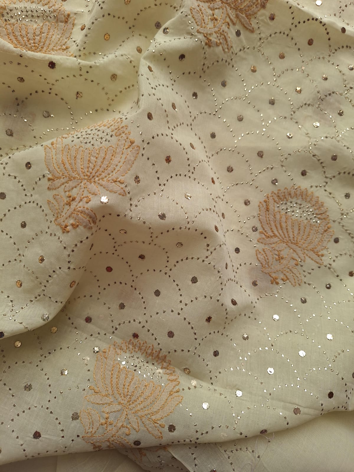 Beige Cotton Kurta with Mukaish And chikan