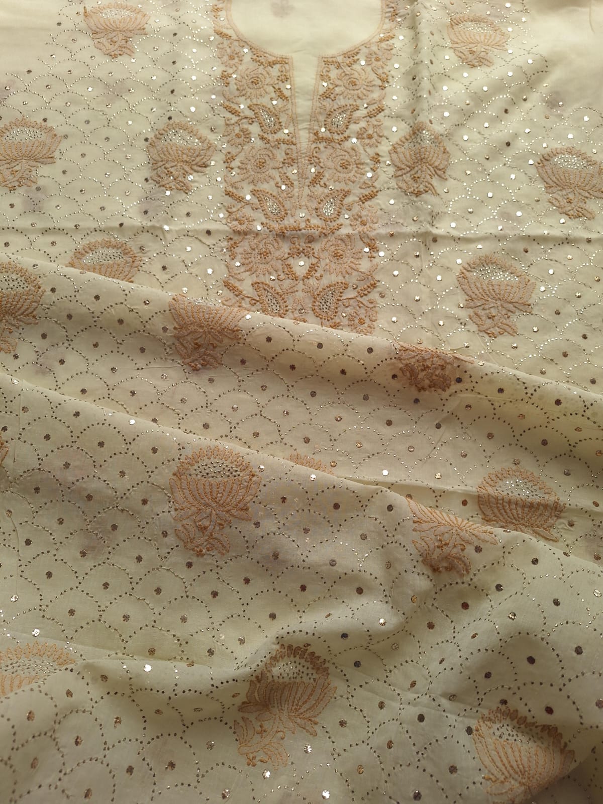 Beige Cotton Kurta with Mukaish And chikan