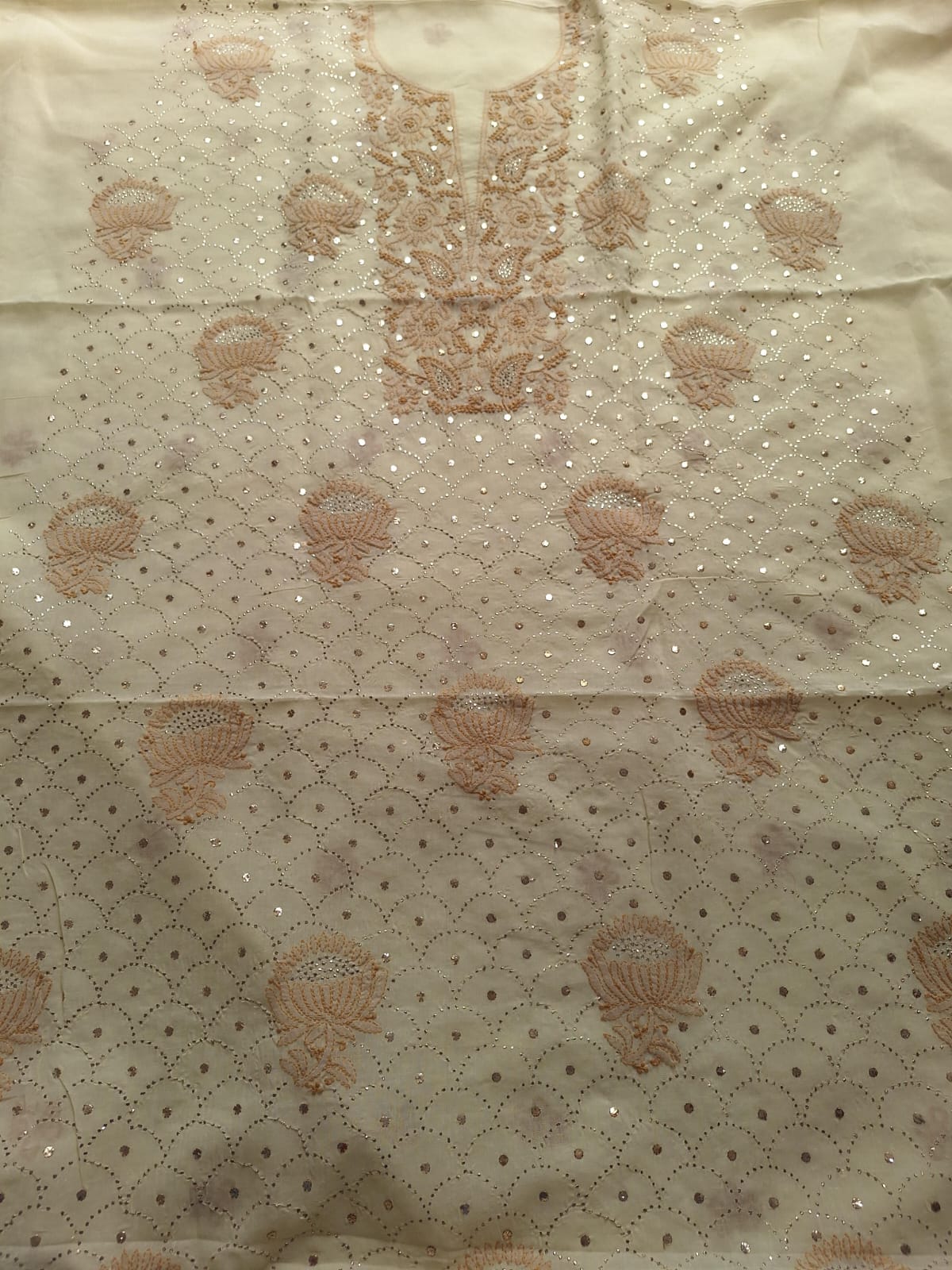 Beige Cotton Kurta with Mukaish And chikan