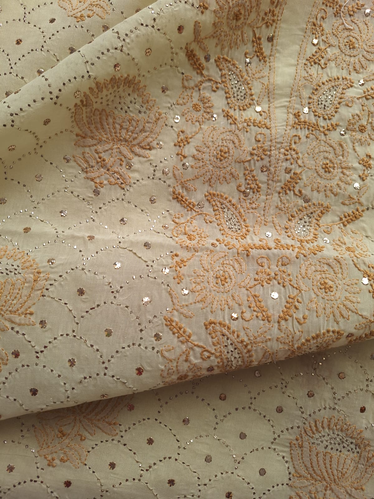 Beige Cotton Kurta with Mukaish And chikan