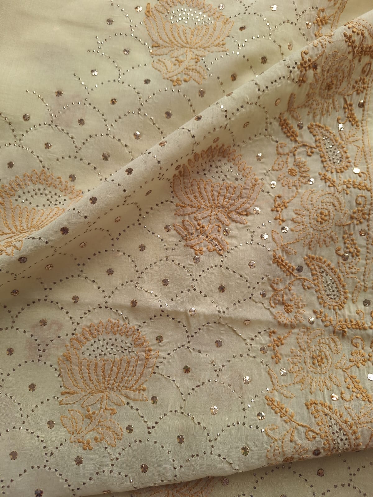 Beige Cotton Kurta with Mukaish And chikan