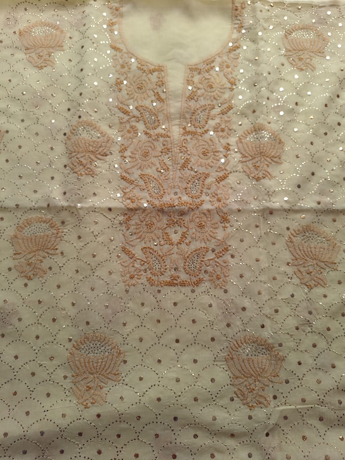 Beige Cotton Kurta with Mukaish And chikan