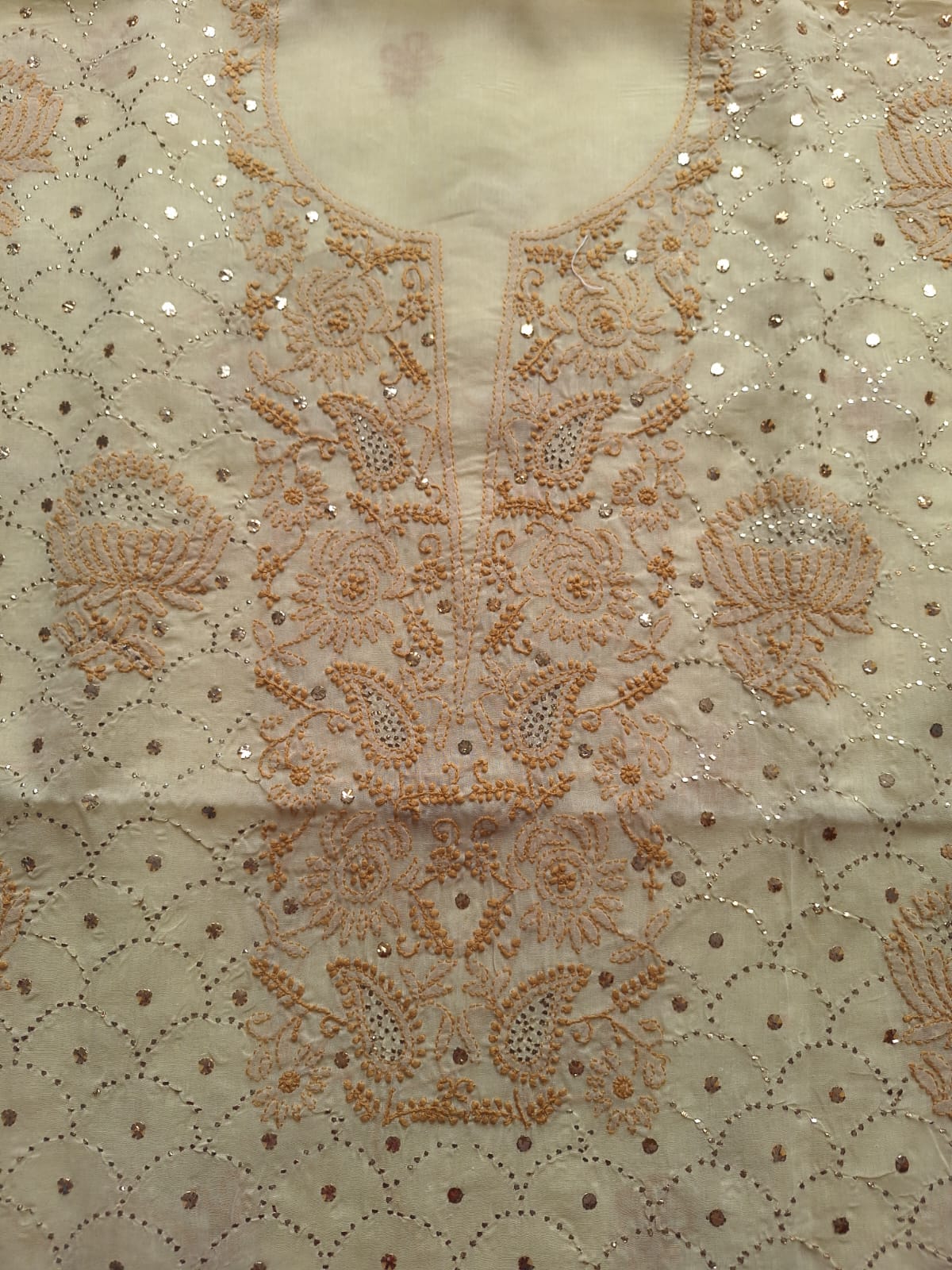 Beige Cotton Kurta with Mukaish And chikan