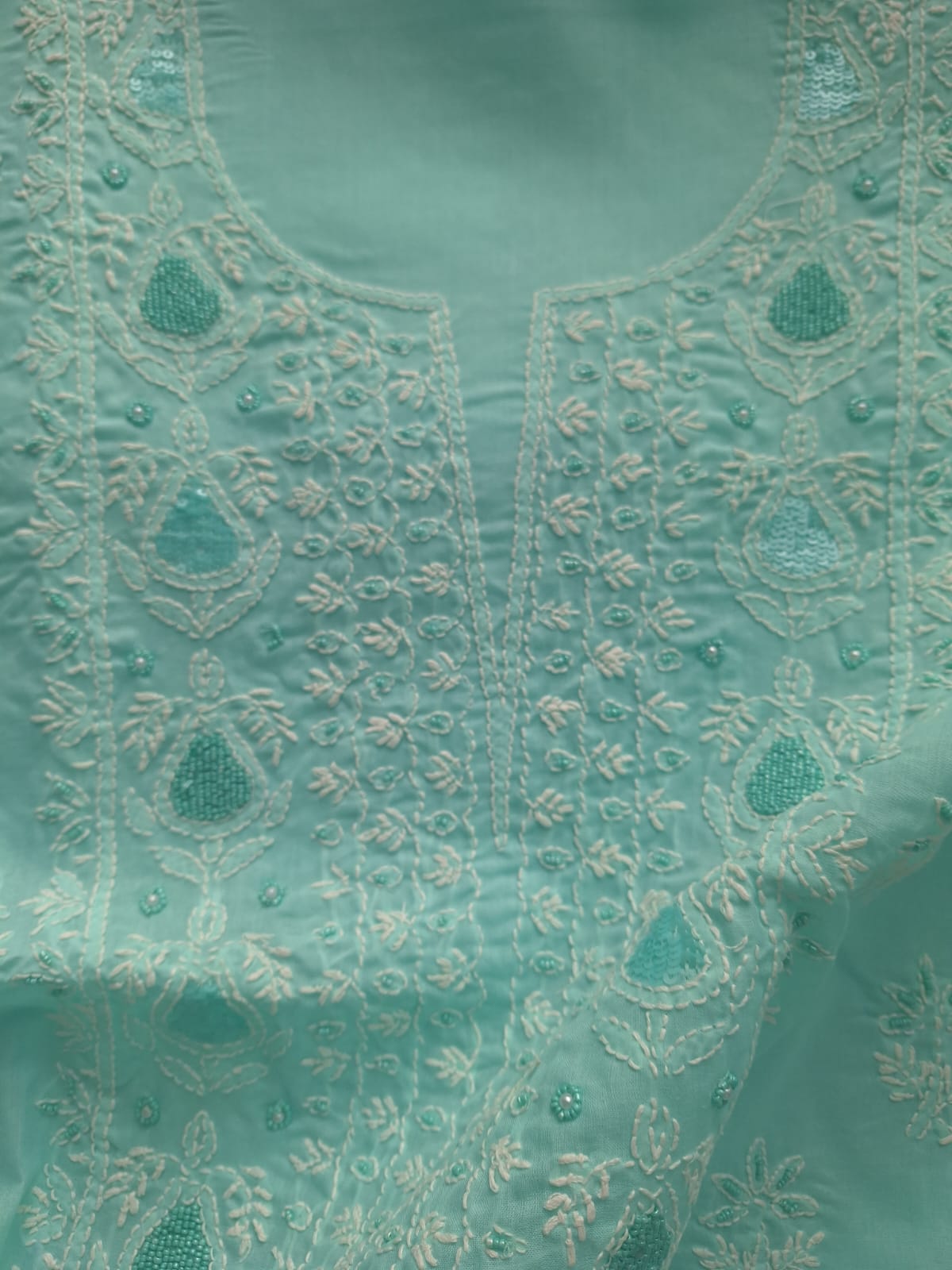 Sea Green cotton Full suit with Handwork