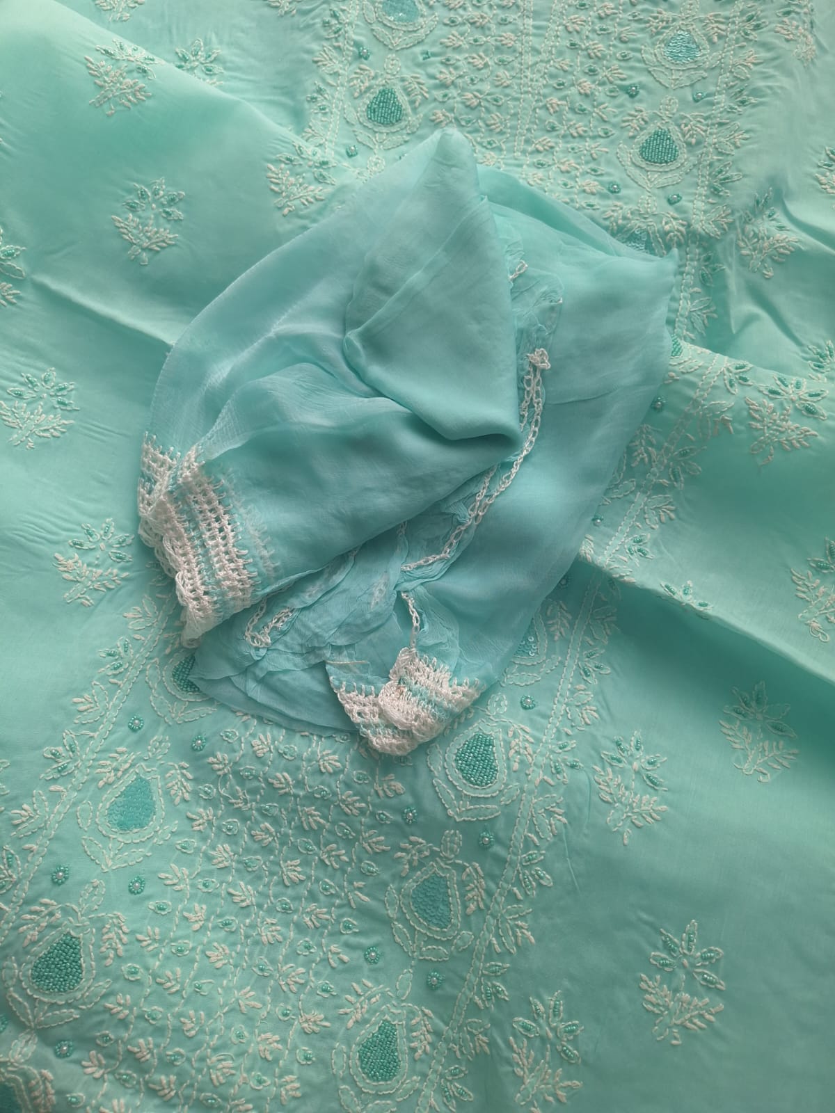 Sea Green cotton Full suit with Handwork