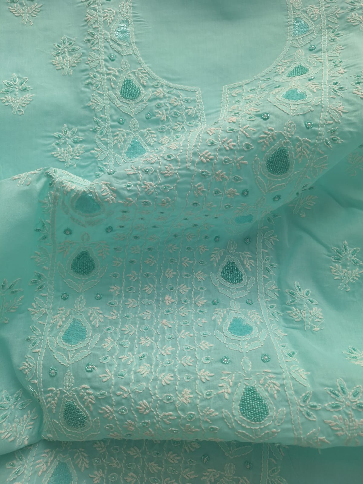 Sea Green cotton Full suit with Handwork