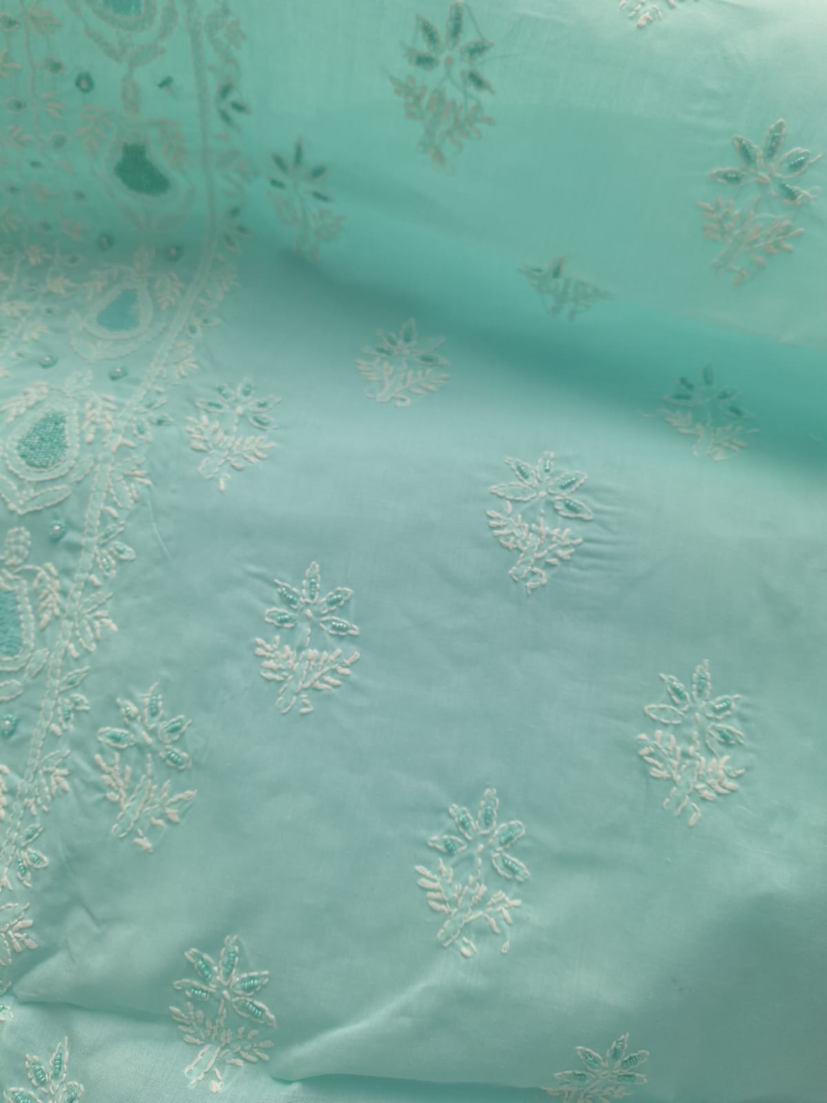 Sea Green cotton Full suit with Handwork