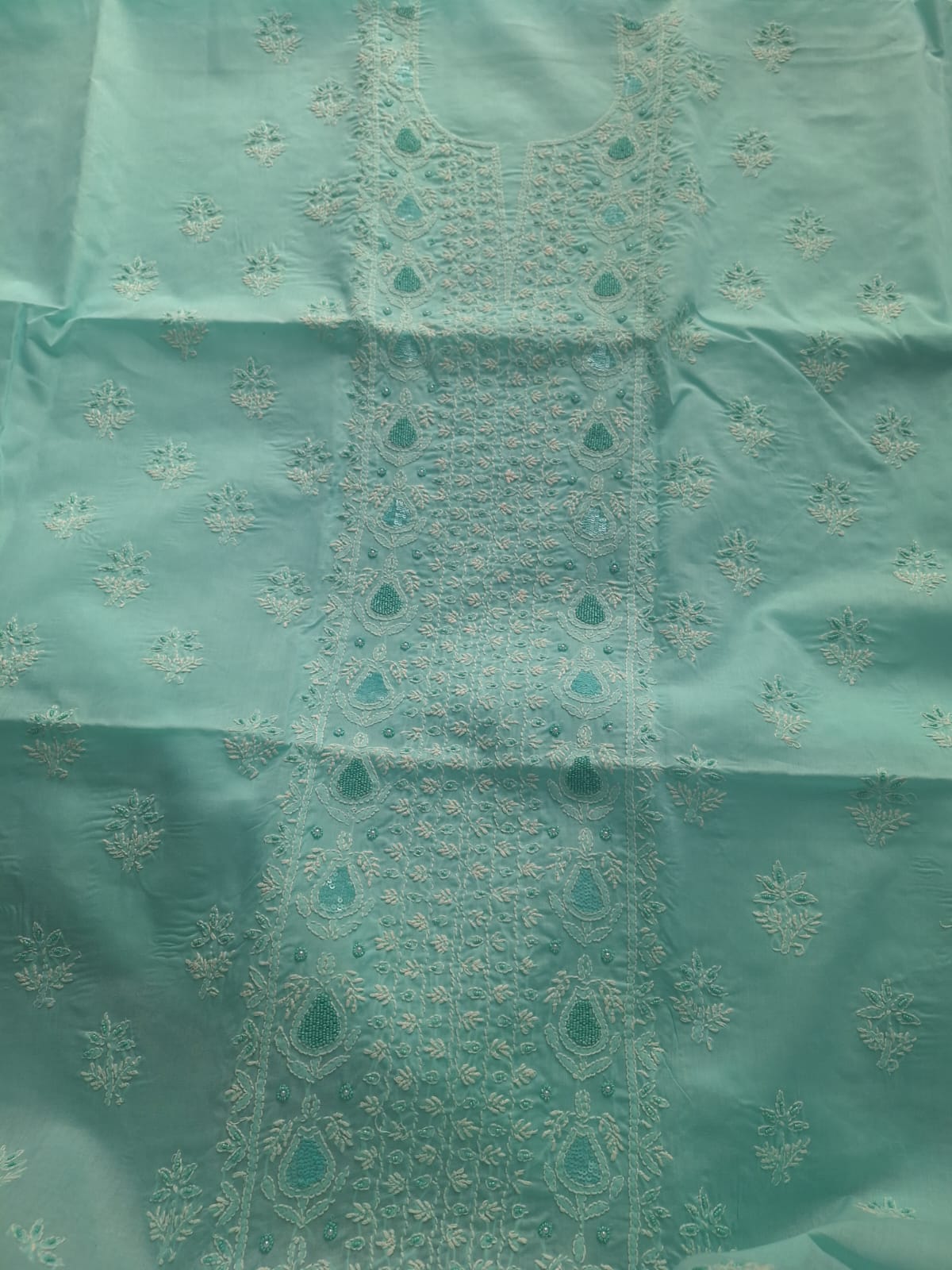 Sea Green cotton Full suit with Handwork