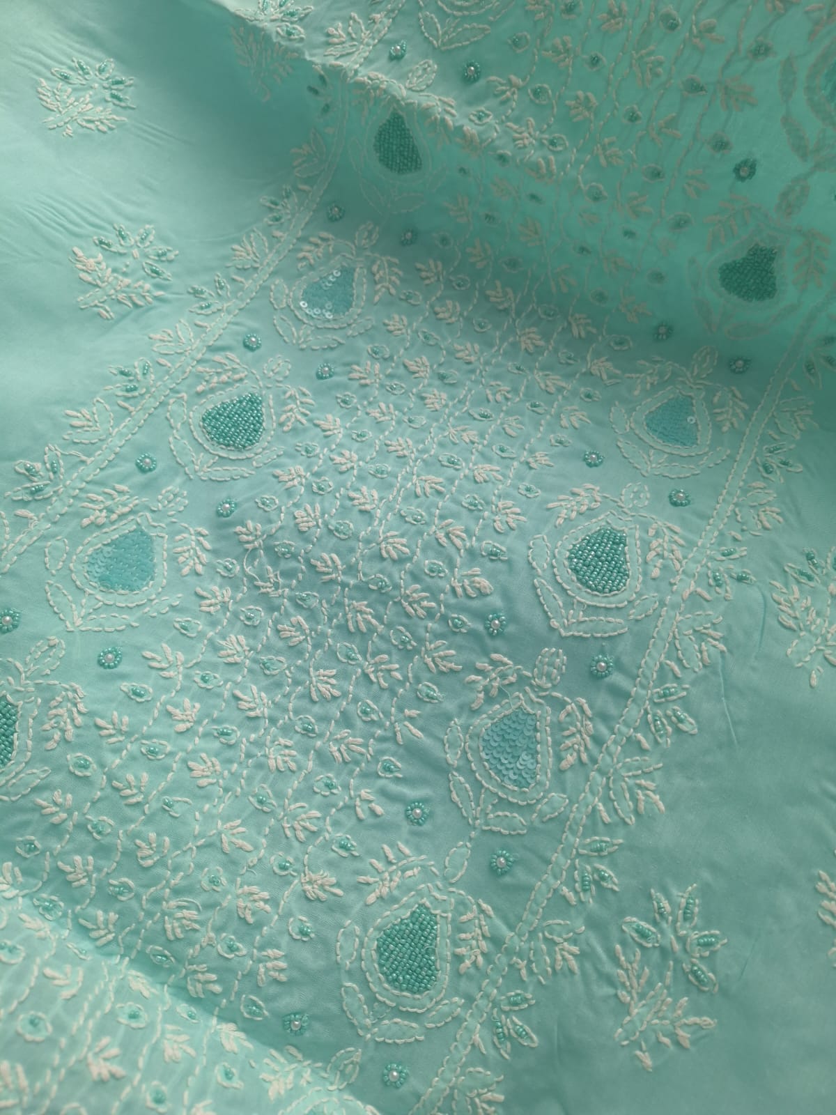 Sea Green cotton Full suit with Handwork