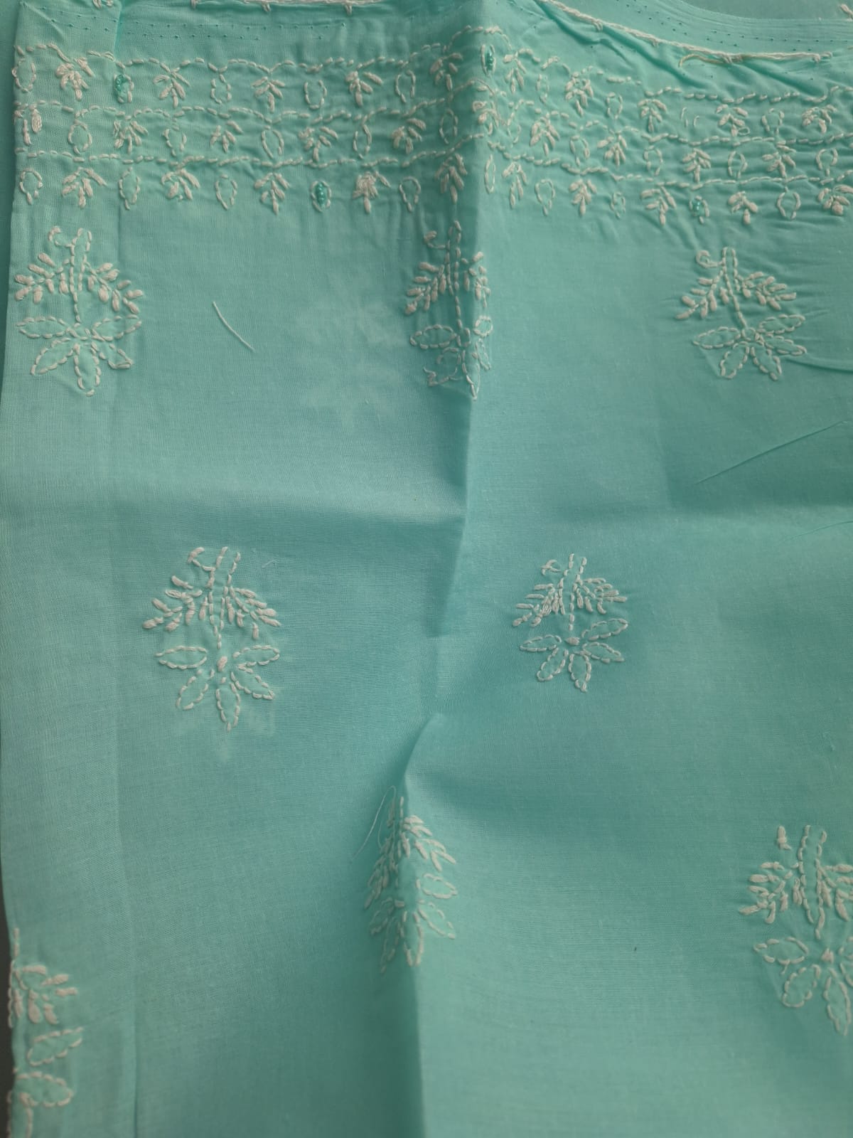 Sea Green cotton Full suit with Handwork