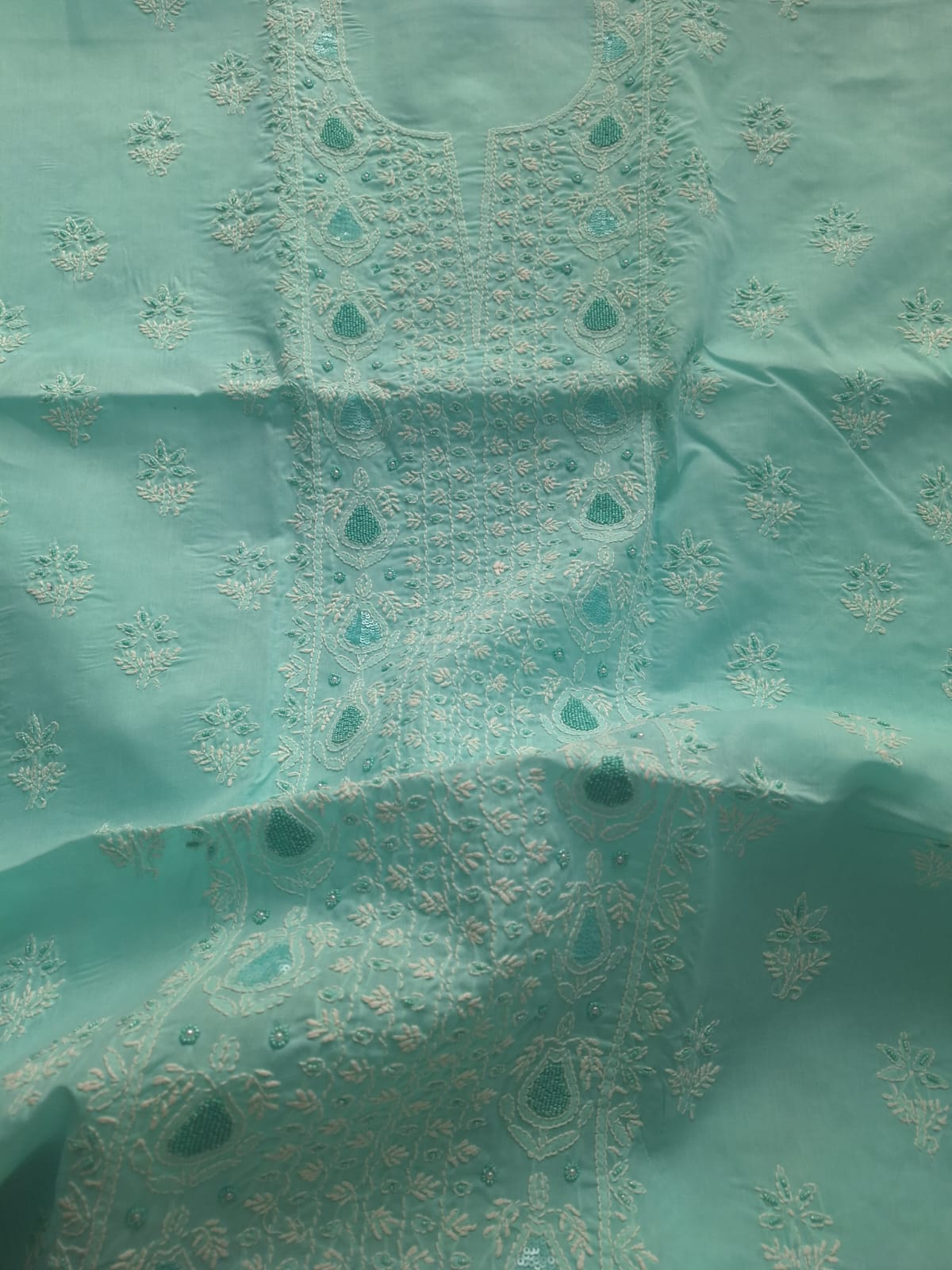 Sea Green cotton Full suit with Handwork