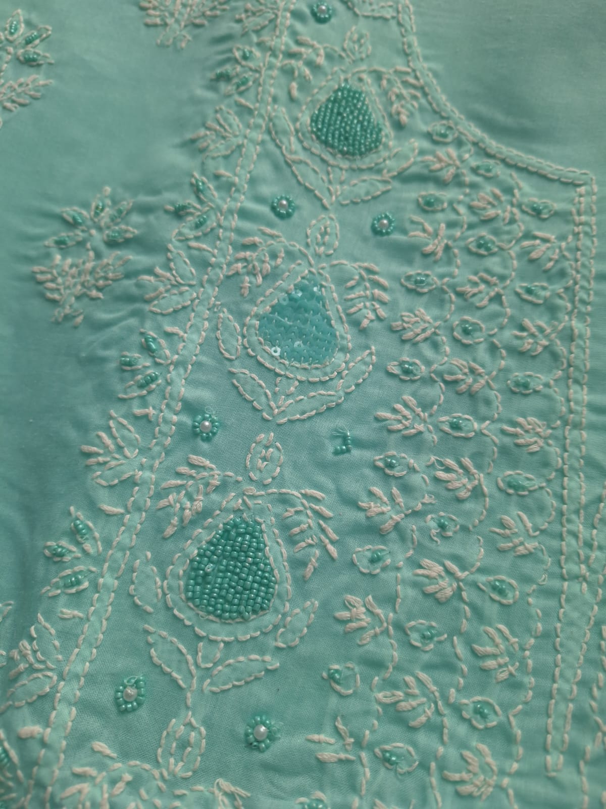 Sea Green cotton Full suit with Handwork