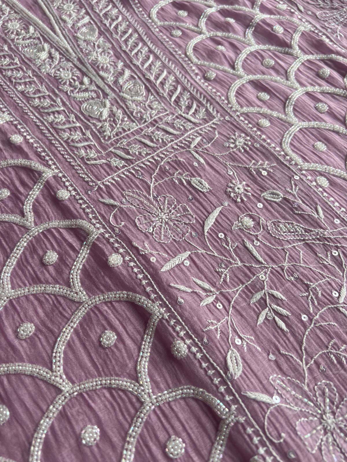 Mul chanderi Semi stitched Kurta dupatta with Cutdana and pearl